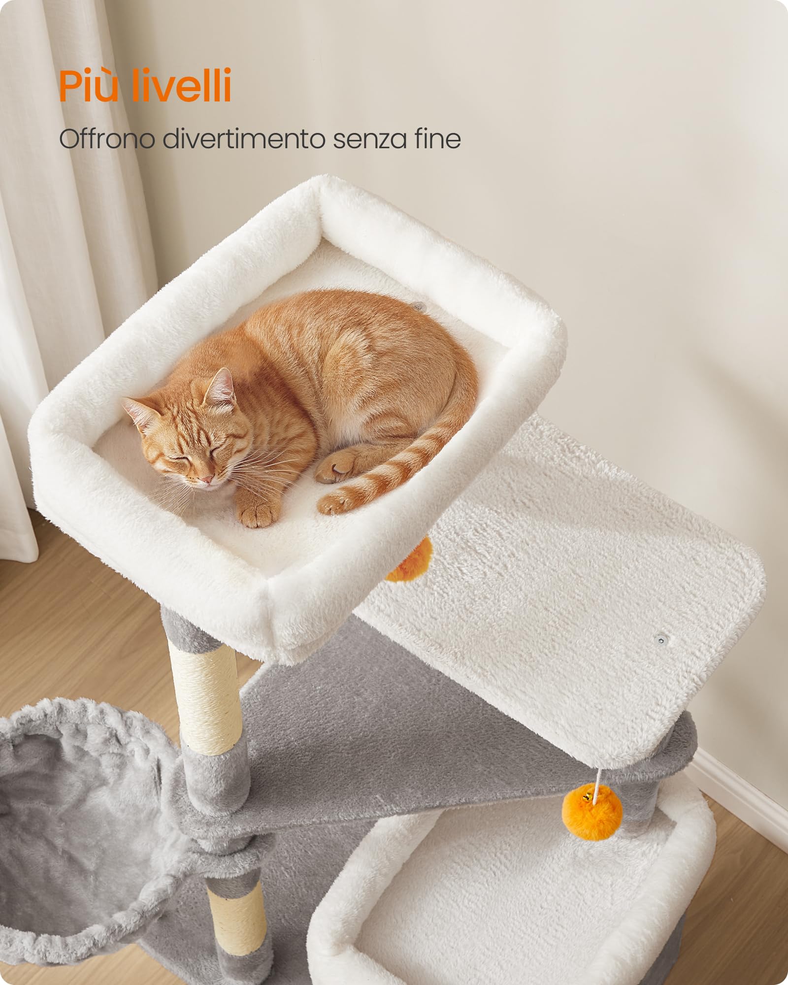 Feandrea Albero per Gatti Alto 152 cm, Tiragraffi per Gatti a Più Livelli con 2 Grotte Ampie, un’Amaca, 3 Colonne Graffiatoio, 3 Piattaforme, Grigio Tortora PCT007G01