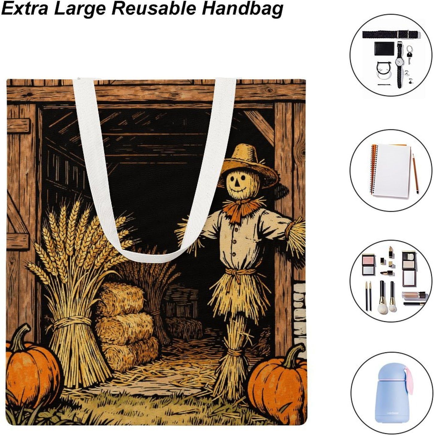 Woodcut Harvest Barn Canvas Tote Bag Reusable Grocery Bags Foldable Soft Cotton Shoulder Carry Bag