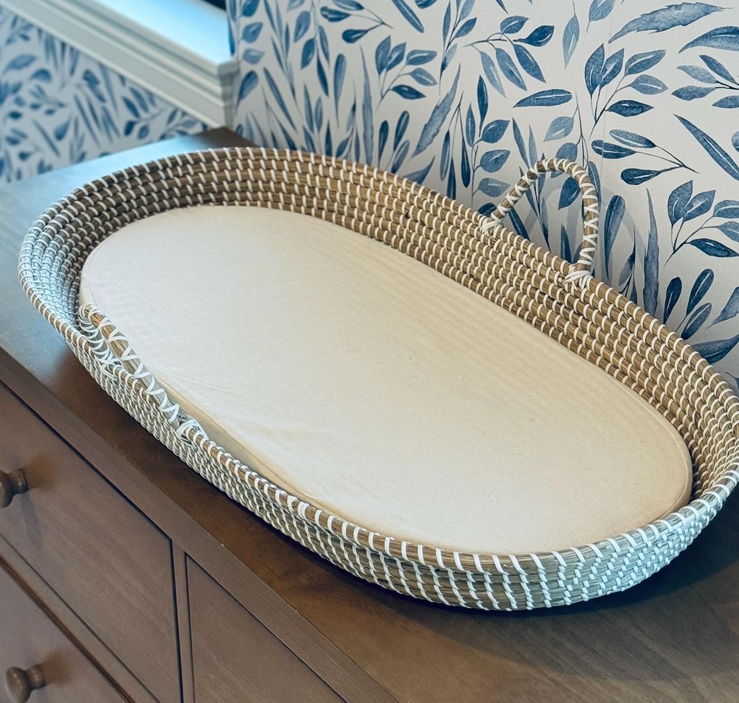 Seagrass Baby Changing Basket with Pad, Portable Diaper Topper, Hand-Woven Basket