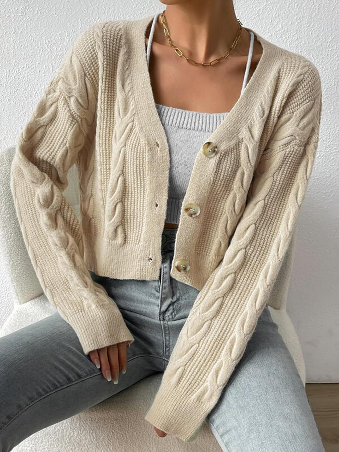 Women's Long Sleeve Button V Neck Soft Knit Cardigan Sweaters Cropped Cardigan Sweaters for Women Cute Cable Knit Outerwear - Image 4