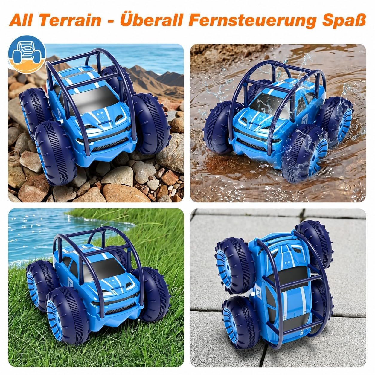 MaxTronic Amphibisches RC Auto 4WD Wasserdicht 15km/h 2.4G USB-C 360° Stunt LED
