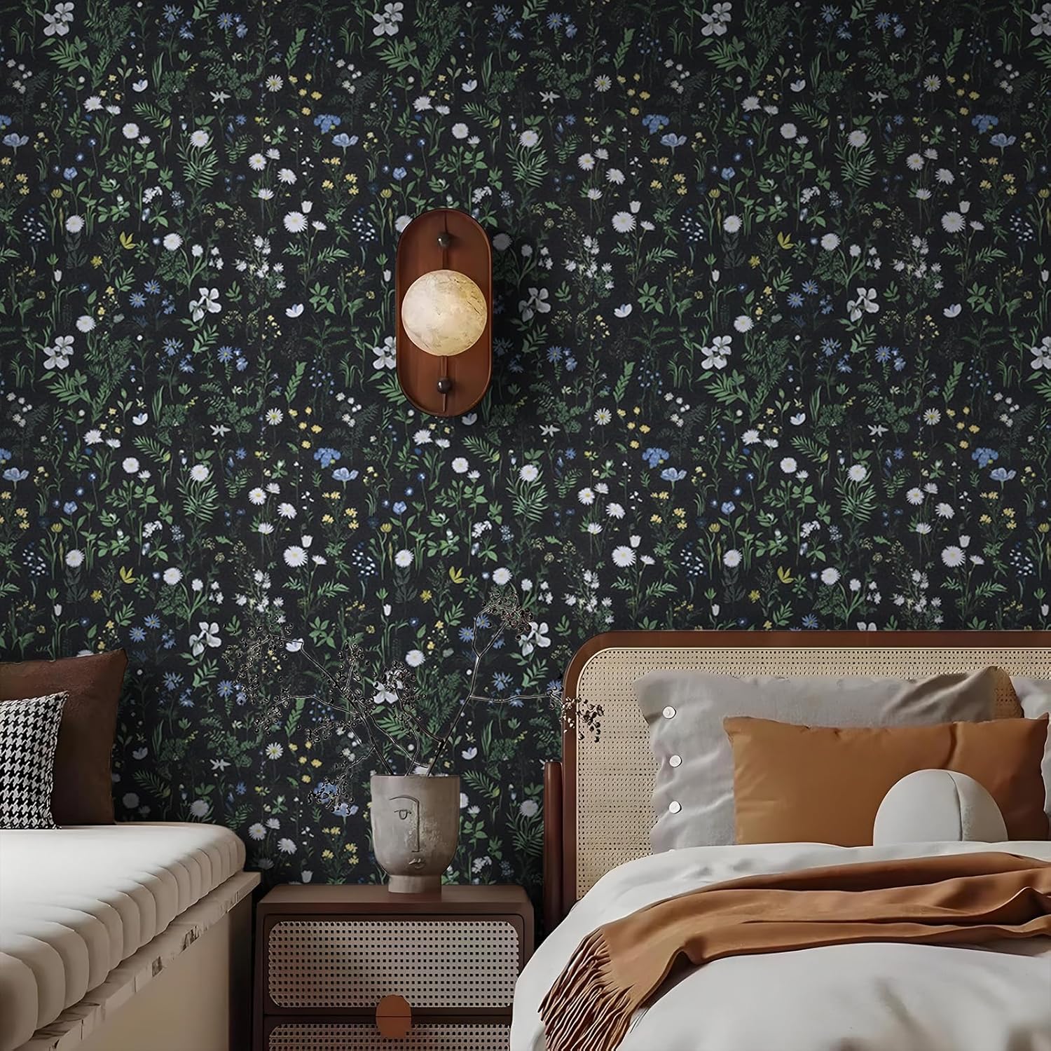 TANONE Dark Floral Wallpaper Peel and Stick Vintage Green Floral Contact Paper 17.5”x118” Black Flower Wallpaper Boho Leaf Removable Self Adhesive Wall Paper for Cabinets Bedroom Decorative