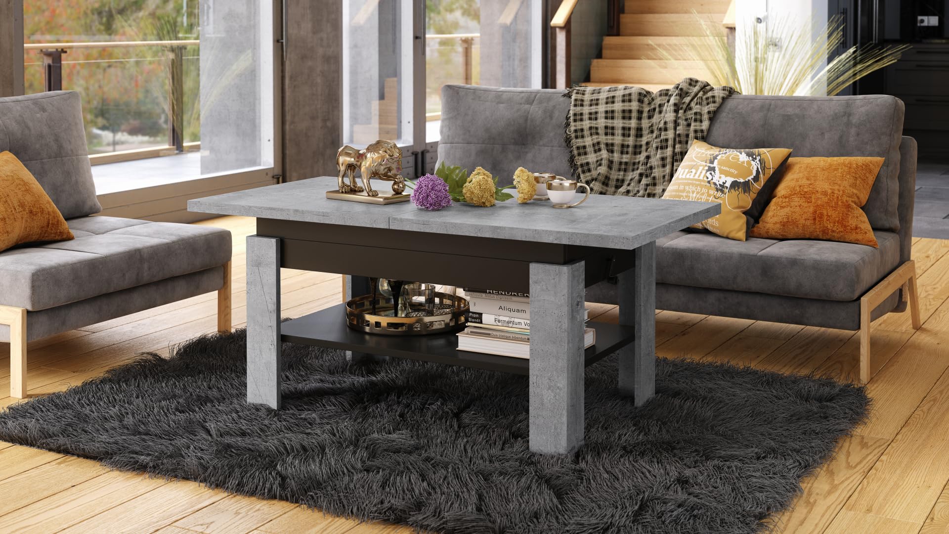All4All Couchtisch Rino - Kaffeetisch - Wohnzimmertisch mit Ablage - Sofatisch - ausziehbar bis 170cm - höhenverstellbar - 130x65cm - 05 - Beton + Schwarz