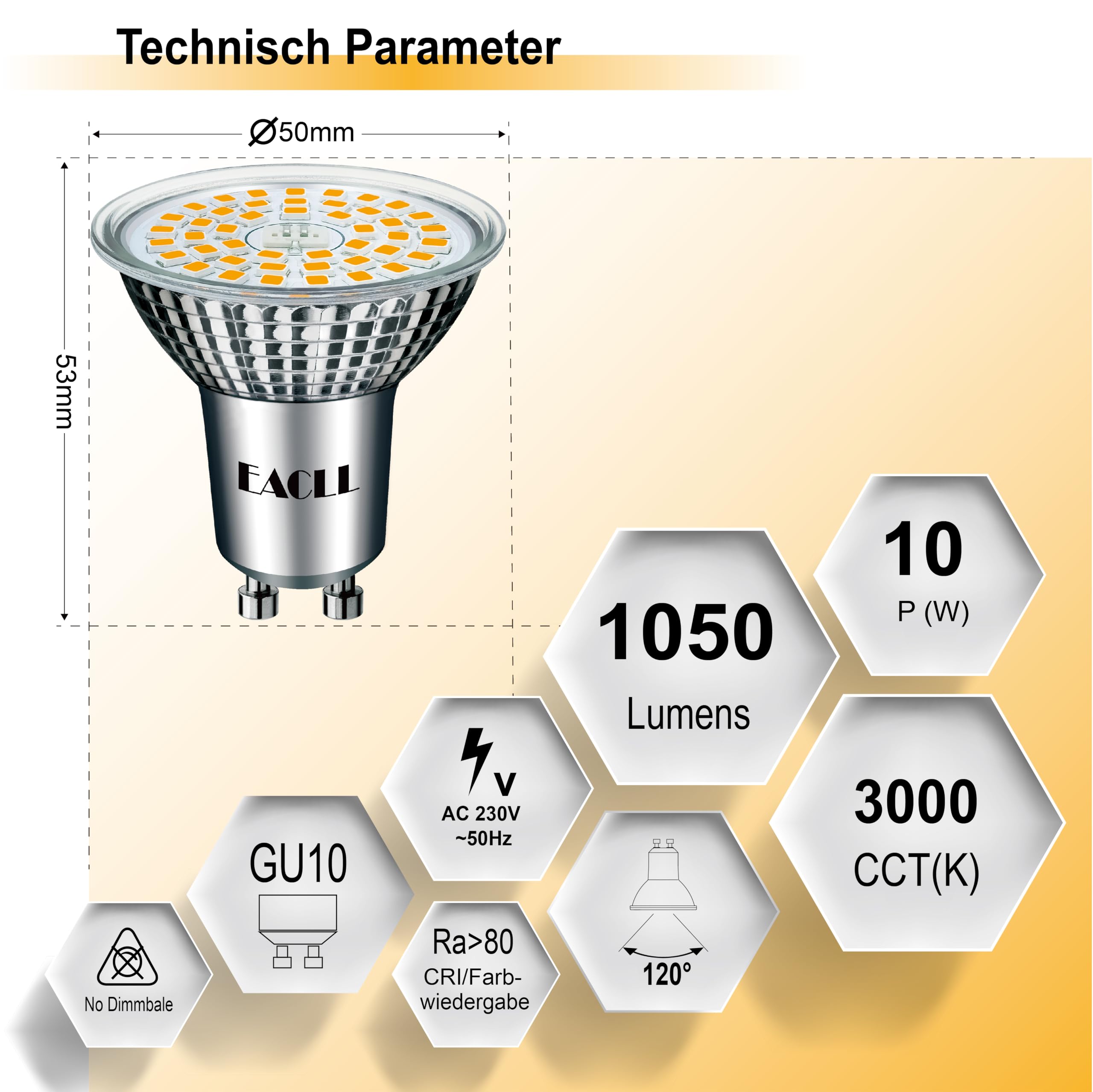 EACLL GU10 LED Warmweiss 10W Ersetzt 140W Halogen Leuchtmittel, 10er-Pack. 1050 Lumen 3000K Birnen, AC 230V Flimmerfrei Strahler, Abstrahlwinkel 120 Grad Spot, Nicht Dimmbar Ø50xH53mm Reflektorlampen