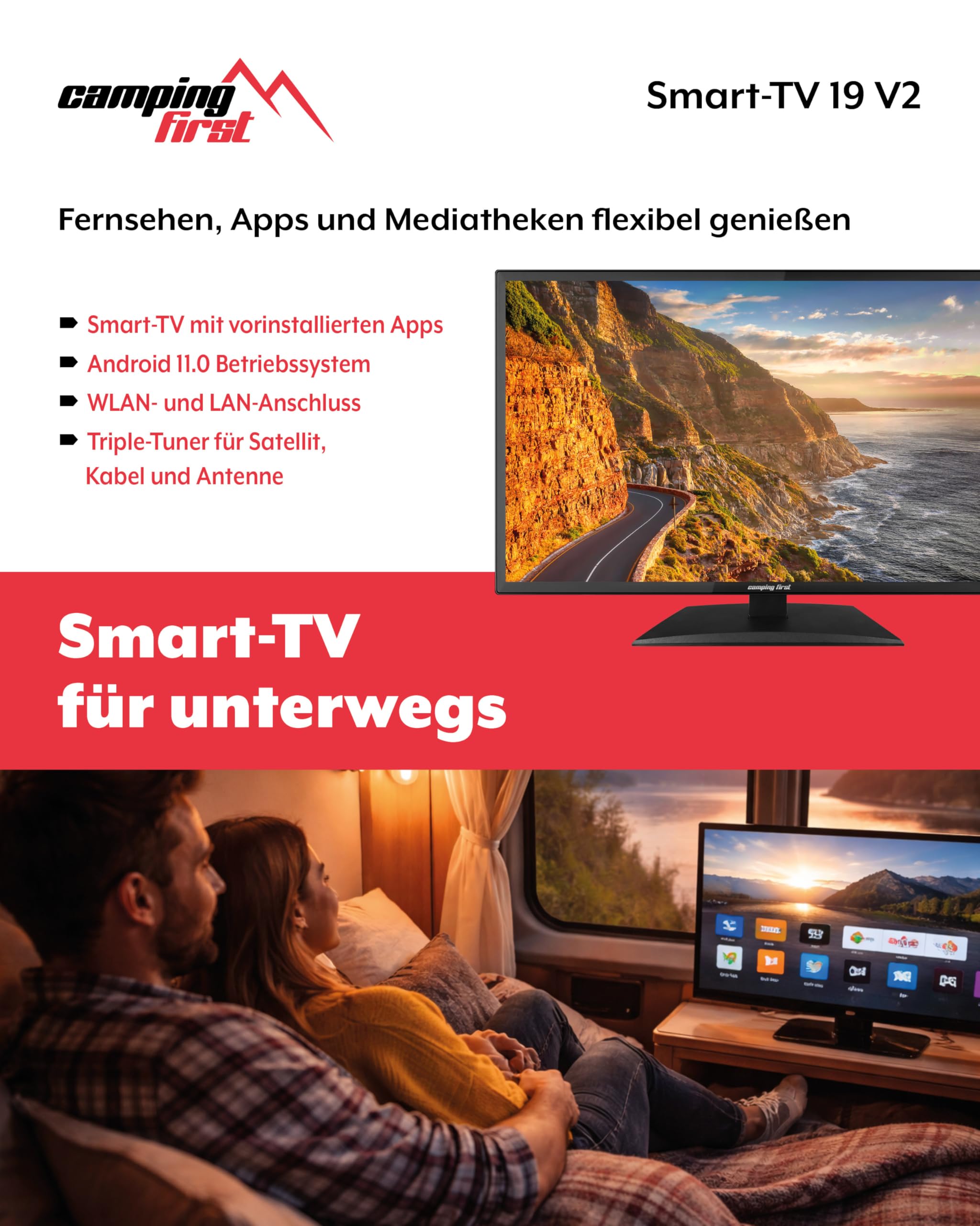 19″ Smart TV V2 – Fernseher, 48 cm, 12 Volt – Schwarz | Triple Tuner, Android 11.0, WLAN/LAN, CI+, USB, Bluetooth