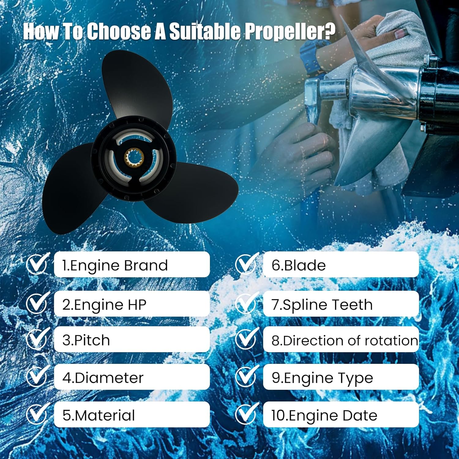 OEM Upgrade Aluminum Boat Propeller fit Johnson Evinrude 11x9 10 1/2x16 15/20/25/30/35HP Engines,14 Spline Tooth,RH