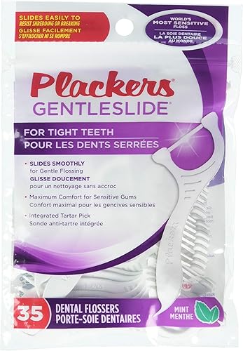 Plackers Gentleslide para dientes apretados sabor menta fresca con Tarter Pick 35 Flossers dentales para dientes limpios y encías saludables (1 cada