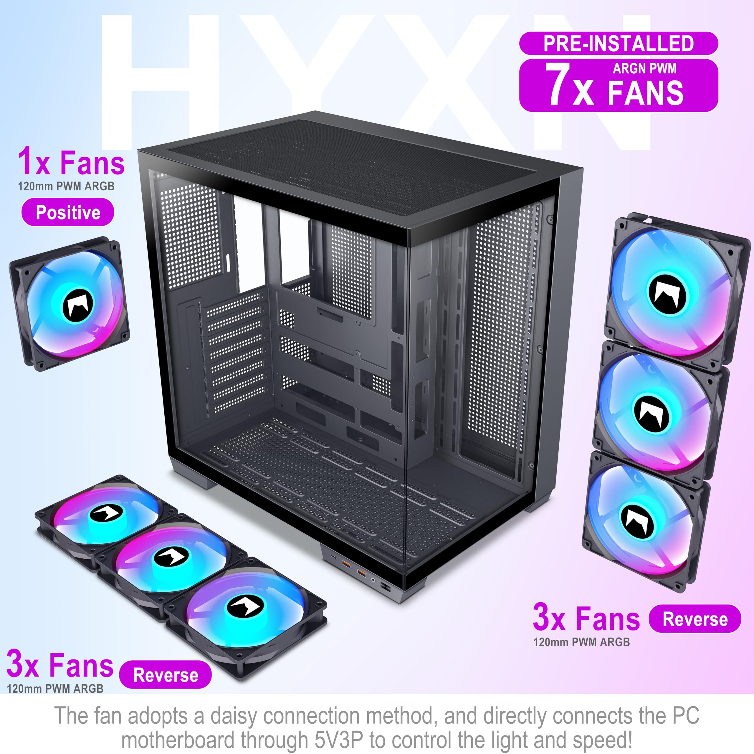 HYXN H1 ATX PC Case-Pre-Installed 7 PWM ARGB Fans, Dual Chamber Mid-Tower Gaming PC Case, with Type-C, Simultaneous Installation of 3x 360mm Radiators, Black (Black, H1) in use