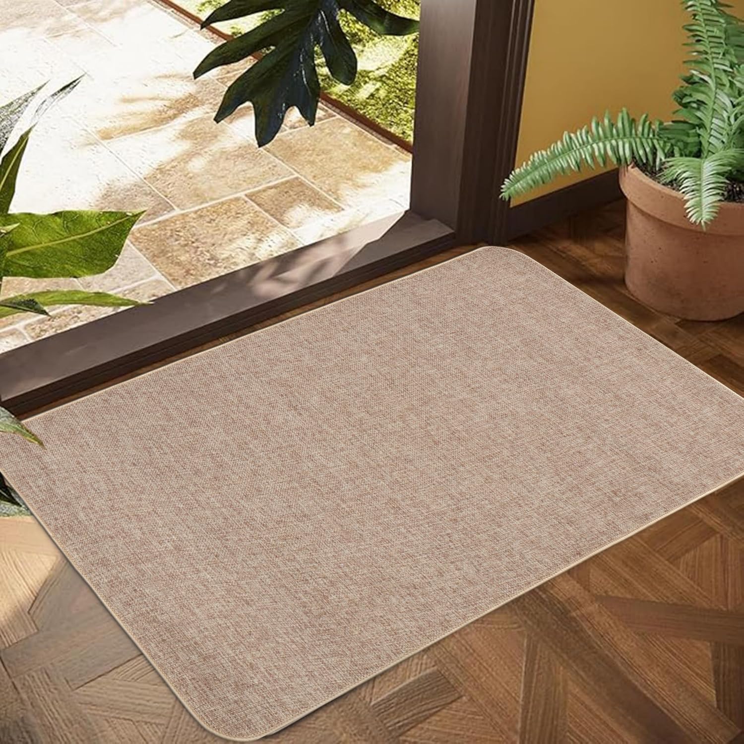 Indoor Door Mat, 1/10 in Ultra Thin Door Mat, Non-Slip Natural Rubber Backing Inside Doormat, Washable, Low-Profile Entrayway Mats, Durable Dirt Trapper for Various Entrance, 30''X17'' Khaki Rounded Serged Edges(khaki) 1'5" x 2'6" (Rectangular)