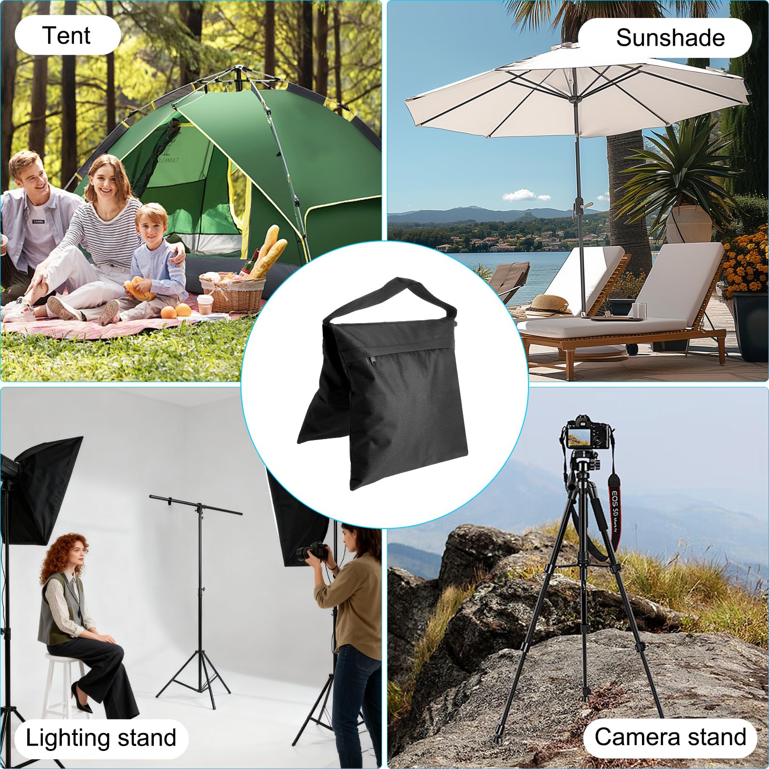 Lot de 4 sacs de sable pour lestage avec 4 crochets d'escalade et 8 sacs de fermeture, poids pour tonnelle, sac de sable pour studio photo, extérieur, pavillon et lestage de tente