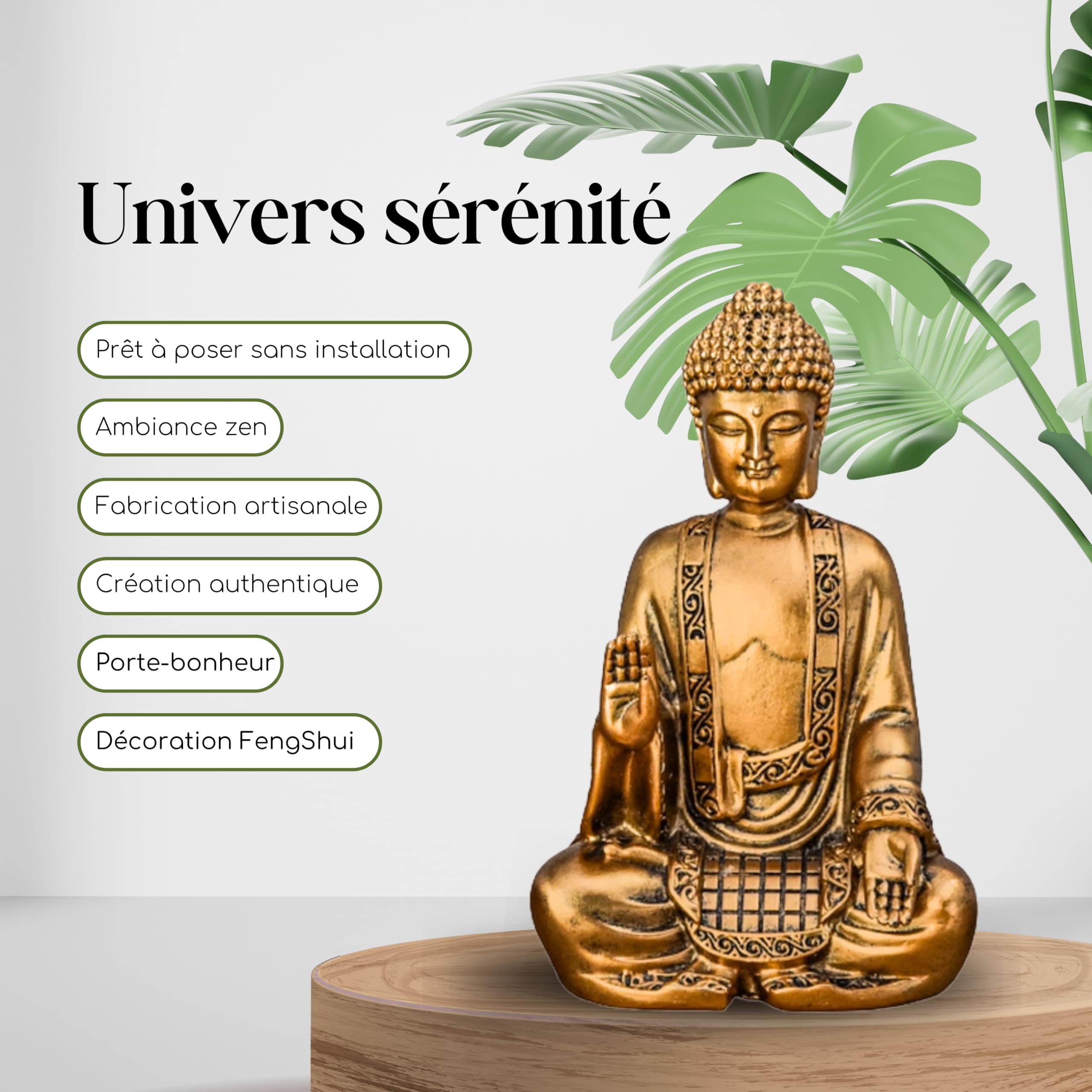 Statue Bouddha Méditation Dorée-Atmosphère Zen - Magnifique Figurine Porte- Bonheur- Idée Cadeau Toute Génération -H 12cm – Zen'Light