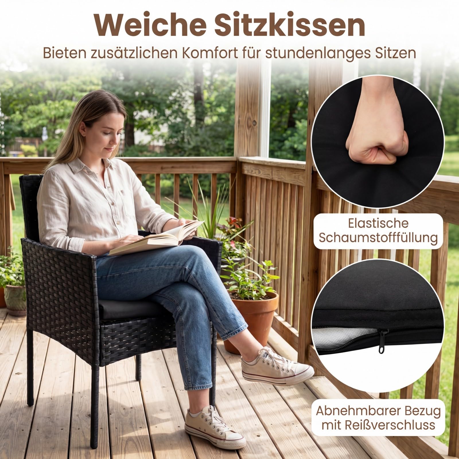 COSTWAY Rattan Gartenmöbel Set, Balkonmöbel mit 2 Stühlen & Gartentisch, wetterfeste Outdoor-Sitzgruppe mit Sitzkissen, 3-teiliges Terrassenmöbel Set für Garten und kleinen Balkon (Schwarz)