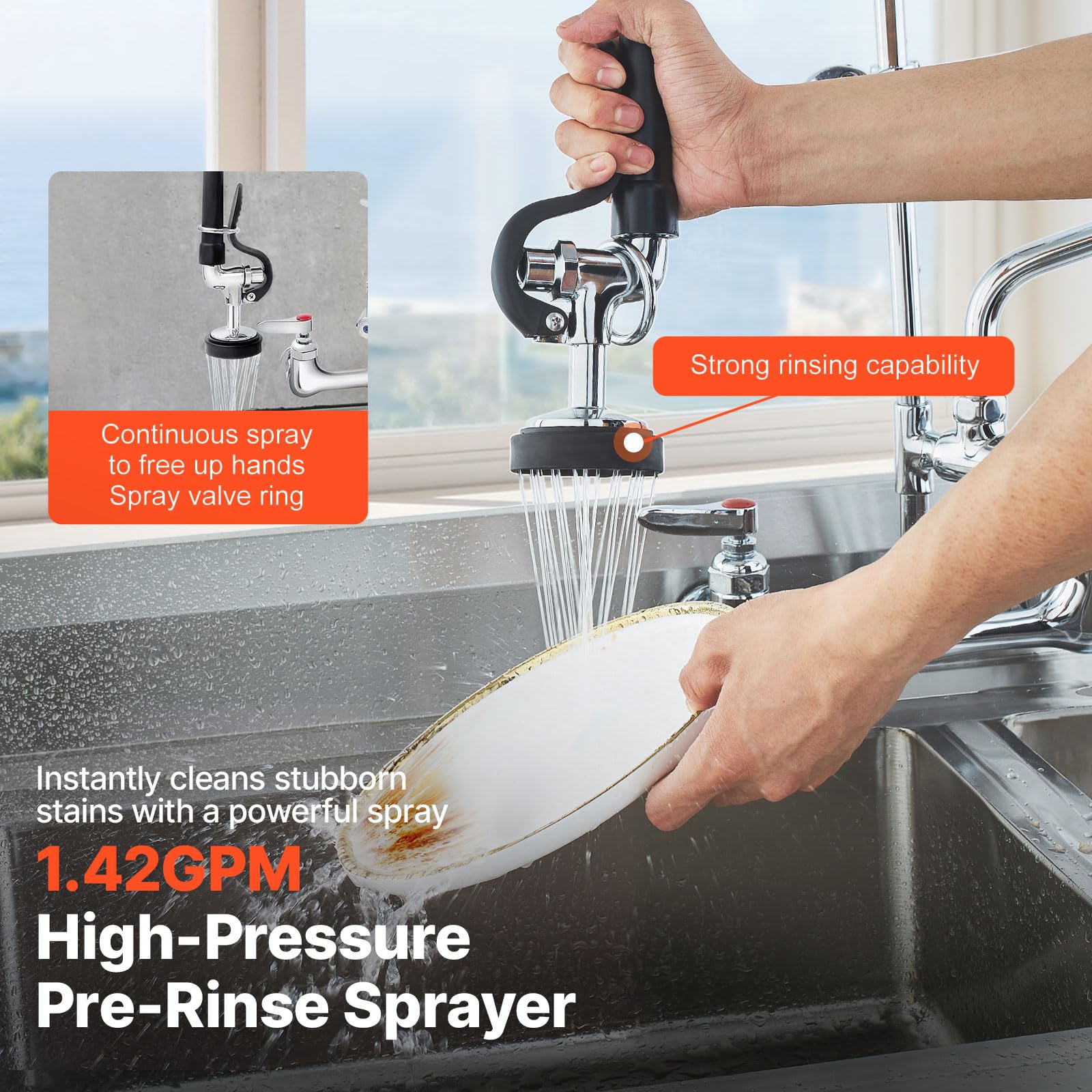 VEVOR Robinet de Cuisine Commercial avec Pulvérisateur de Pré-rinçage, Mitigeur avec Douchette Extractible, 630 mm de Haut, Entraxe 203 mm, Bec Pivotant 305 mm, Mural pour Évier 1/2/3 Compartiments
