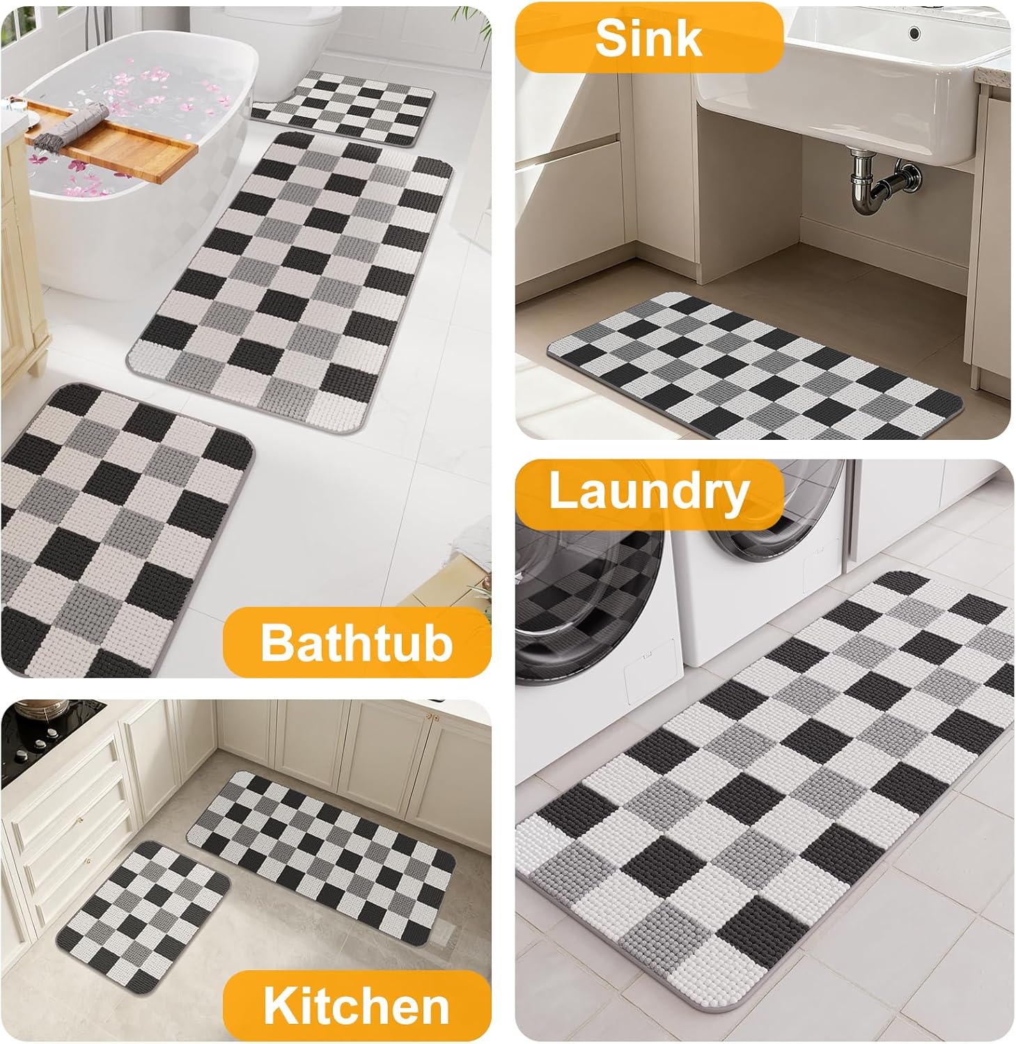 Chenille Bathroom Rugs Sets 3 Pieces Pink, Bath Mat + Contour Mat + U Shape Rugs Set, Upgrade Non-Slip TPR Bottom Machine Washable Checkerboard Bathmat for Tub Shower Room Decor