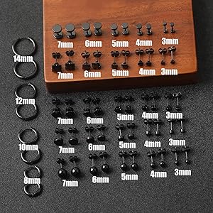 Anneaux Oreilles Noir 18 Paires Boucle D'Oreille Homme, Acier Inoxydable Boucles D Piercing Oreille