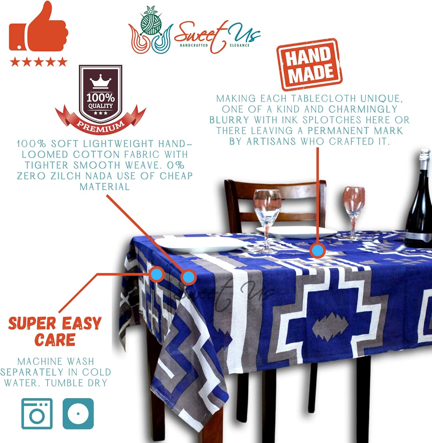 Sweet Us Cotton Native American Inspired Retro Aztec Design Chic Boho Print Kitchen Tablecloth for Rectangle Tables 60x90 Blue Gray White Dining Linen