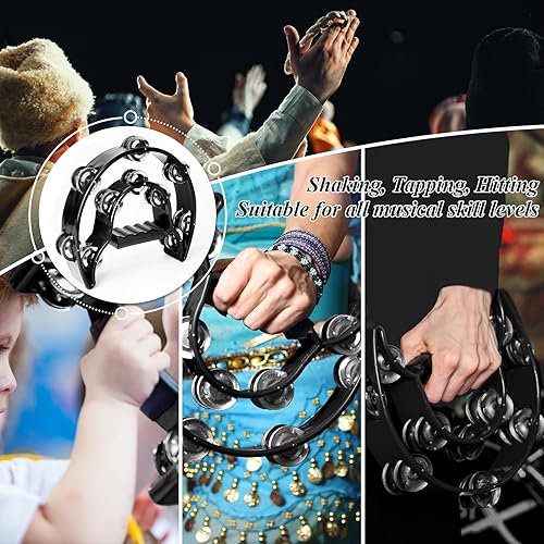 Miniatura 7 de Pandereta de doble fila de metal Jingles de media luna, instrumentos musicales Tamborinas para adultos, percusión de mano para fiestas, iglesia