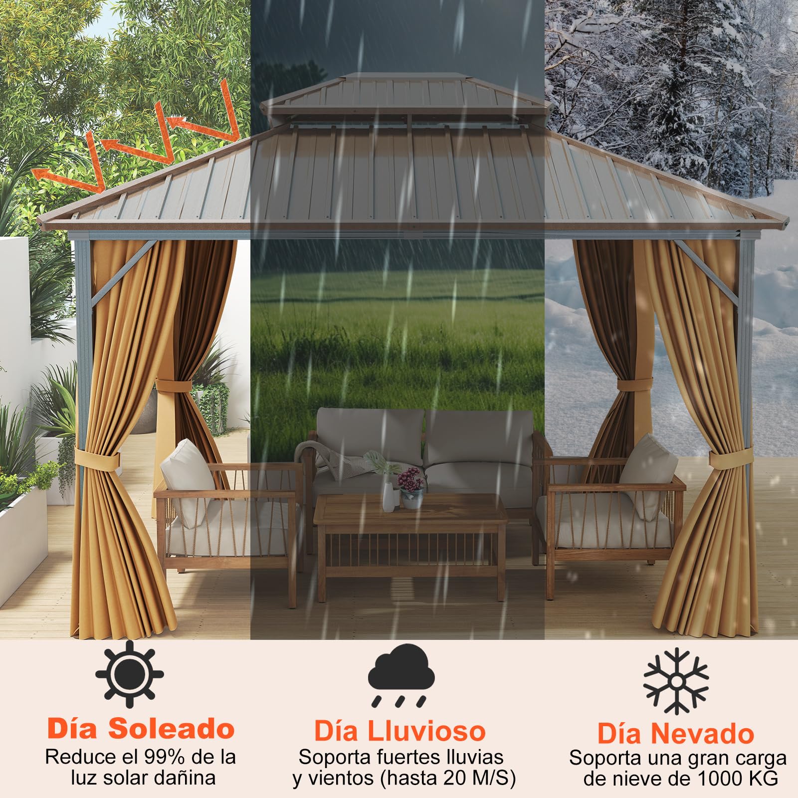COSTWAY Carpa de Jardin 354 x 294 cm, Pabellón con 4 Mosquiteras, Cortinas, Techo Metálico Doble Galvanizado, Estructura de Aluminio, Cenadores para Jardin Terraza