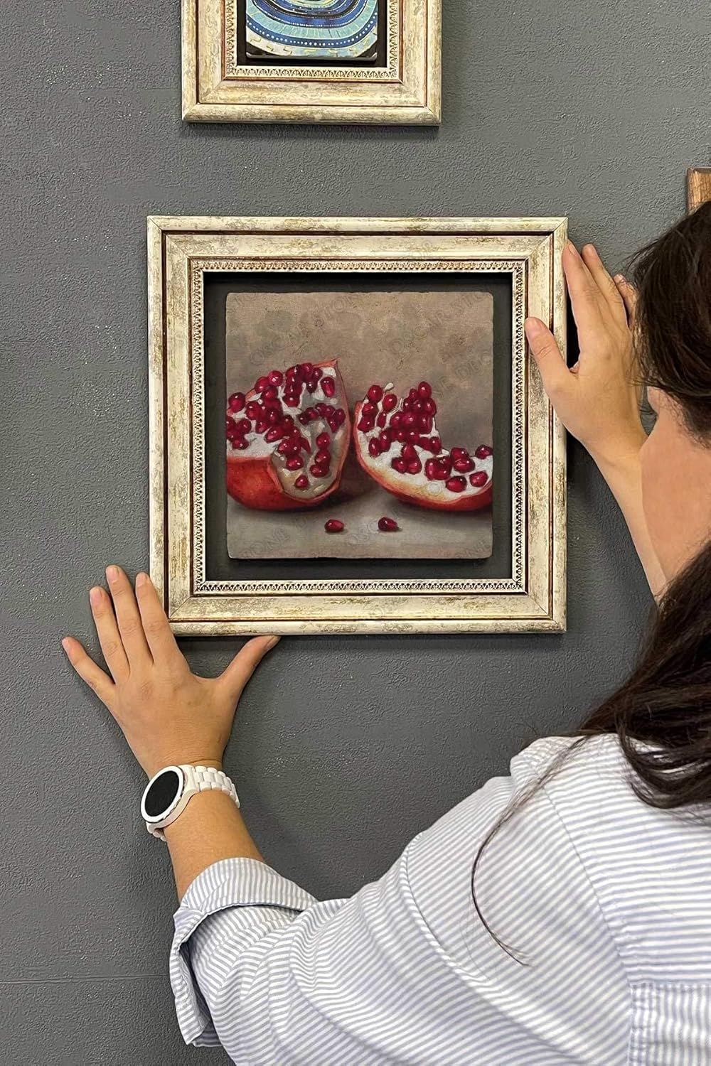 Framed Stone Wall Decor 30x30 cm Pomegranate Drawing Stone Art for Walls - Multicolor, 12x12 inch
