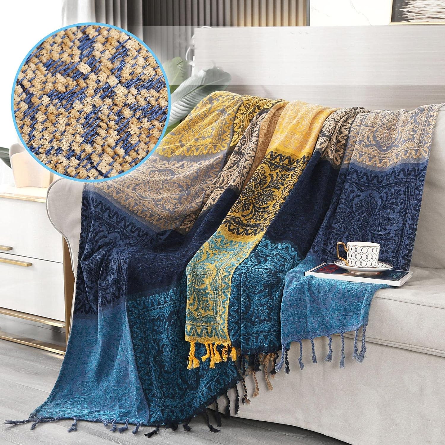 DECMAY Boho Throw Blanket for Couch Sofa Patchwork Mandala Chenille Couch Blanket Cover for Adult Oversized Blanket for Living Room Decor Couch Throw with Tassels Sofa Throw for Futon Blue(87"x103")
