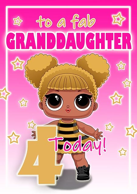 Granddaughter Age 4 Birthday Card - LOL Surprise  Optional PERSONALISED EXTRA LARGE 77MM BADGE - FULL COLOUR INSIDE!