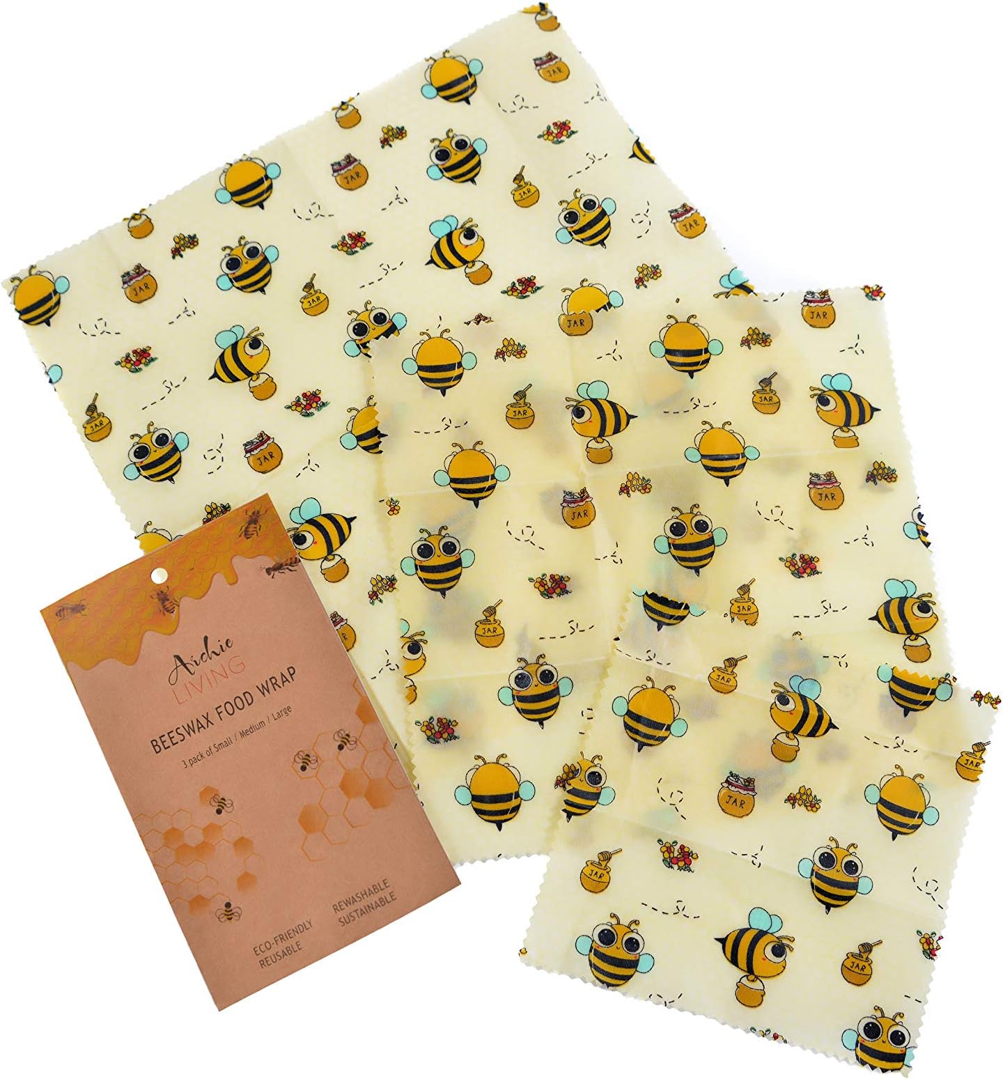 Archie Living Set of 3 Beeswax Wraps Food Wraps. Made of Cotton, Beeswax, Jojoba Oil, Tree Resin Food Wrap Reusable Biodegradable Alternative to Cling Film & Plastic.