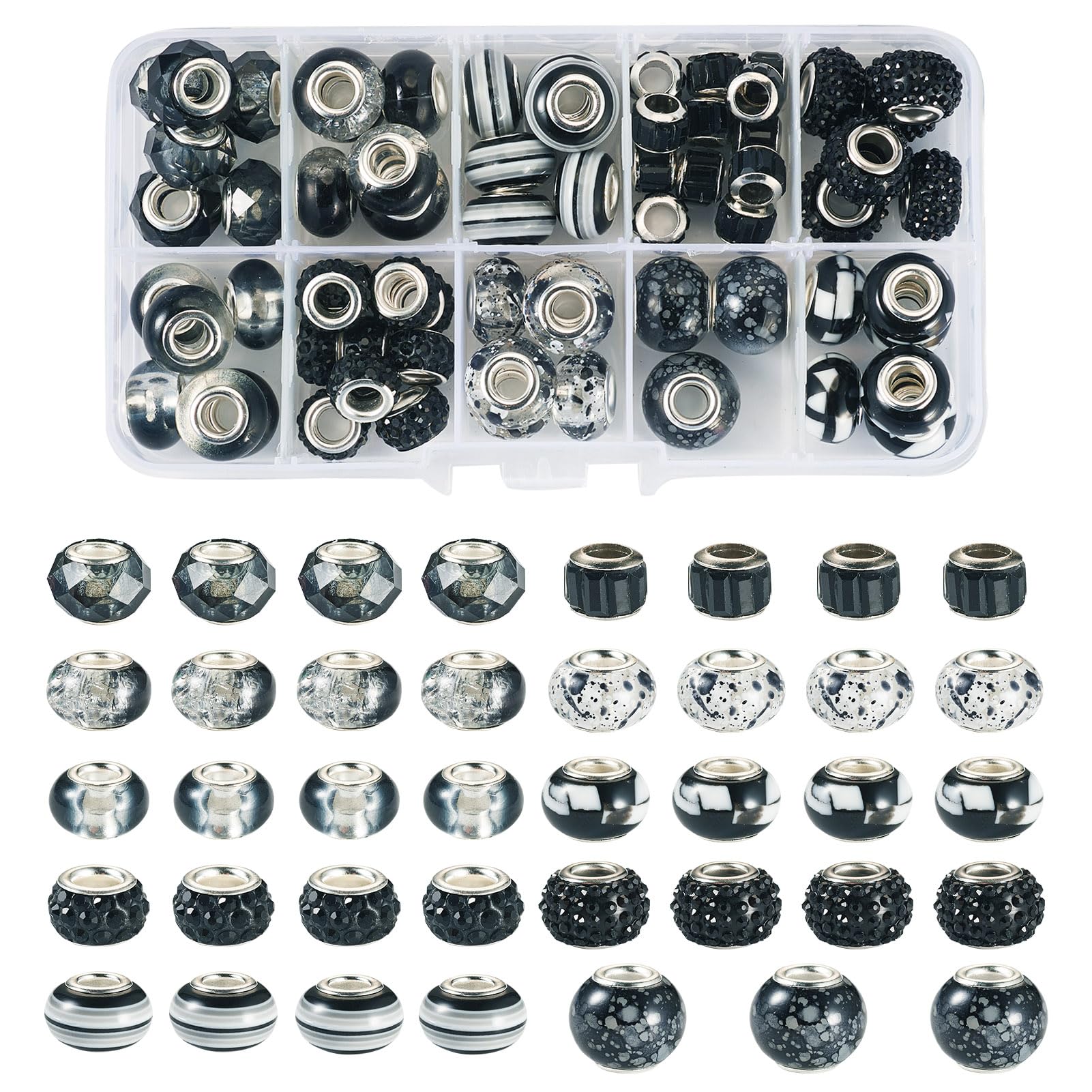 Boutigem 67Pcs 10 Styles Black Large Hole European Beads Set Transparent & Opaque Rondelle Loose Spacer Beads Bulk for Bracelet Earring Jewelry Making DIY Crafts
