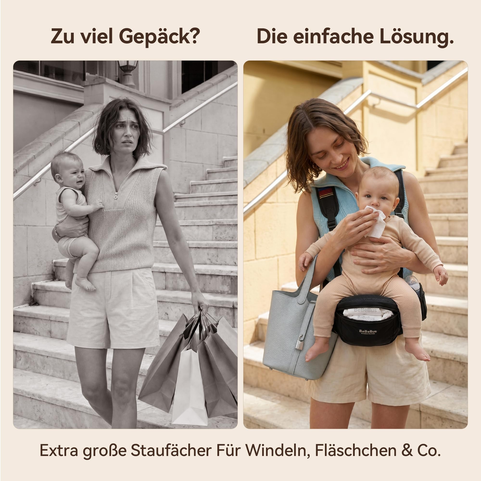Portabebé Ergonómico con Asiento de Cadera, Mecanismo Rotativo de Bloqueo, Diseño en Y para Aliviar la Espalda, Gran Espacio de Almacenamiento, Taburete de Cintura 0-36 Meses, hasta 20 kg