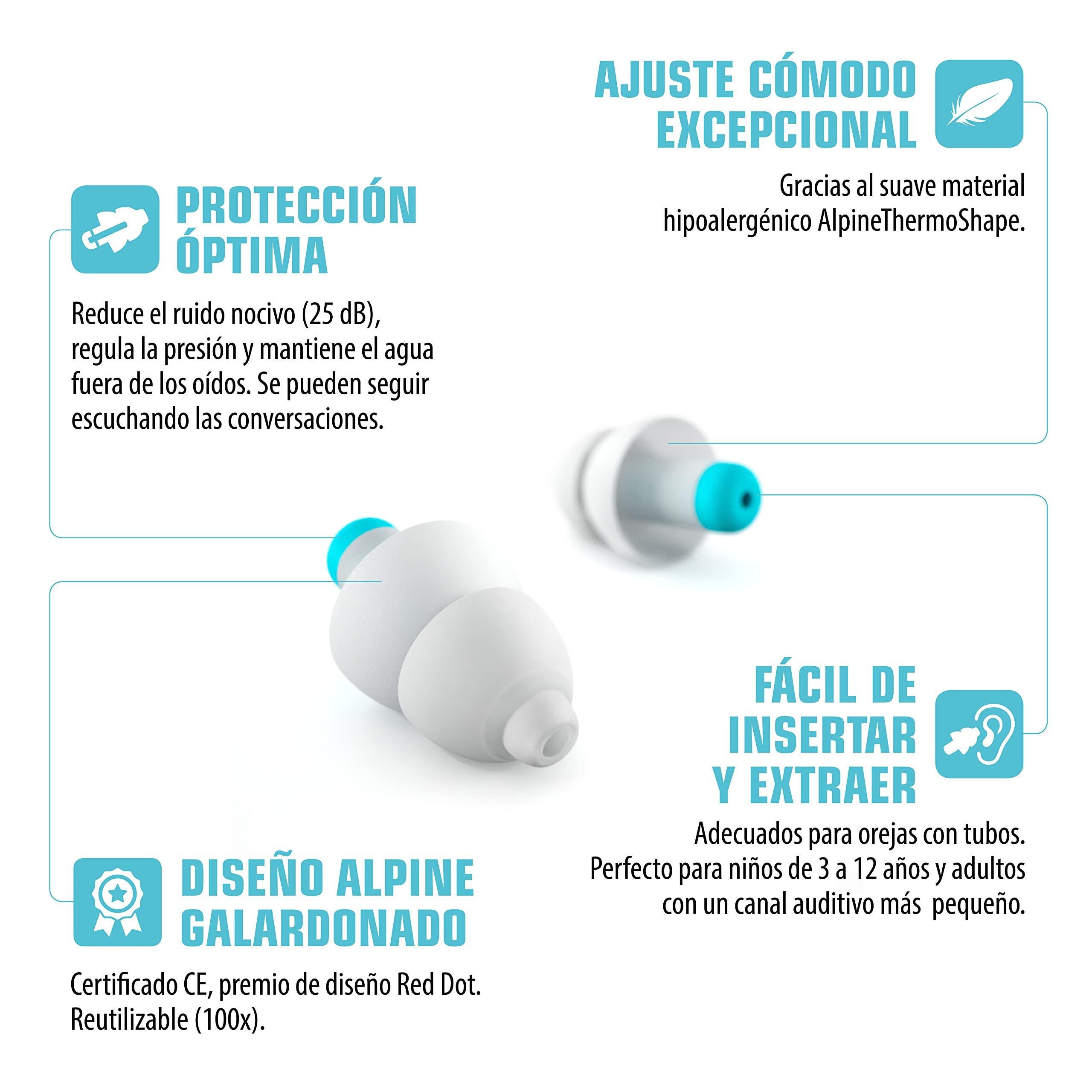 Alpine Pluggies - Tapones para los Oídos para Niños (3-12 años) - Protección Contra el Ruido hasta 25 dB - Ideal para Natación, el Avión y la Concentración - Material Cómodo e Hipoalergénico
