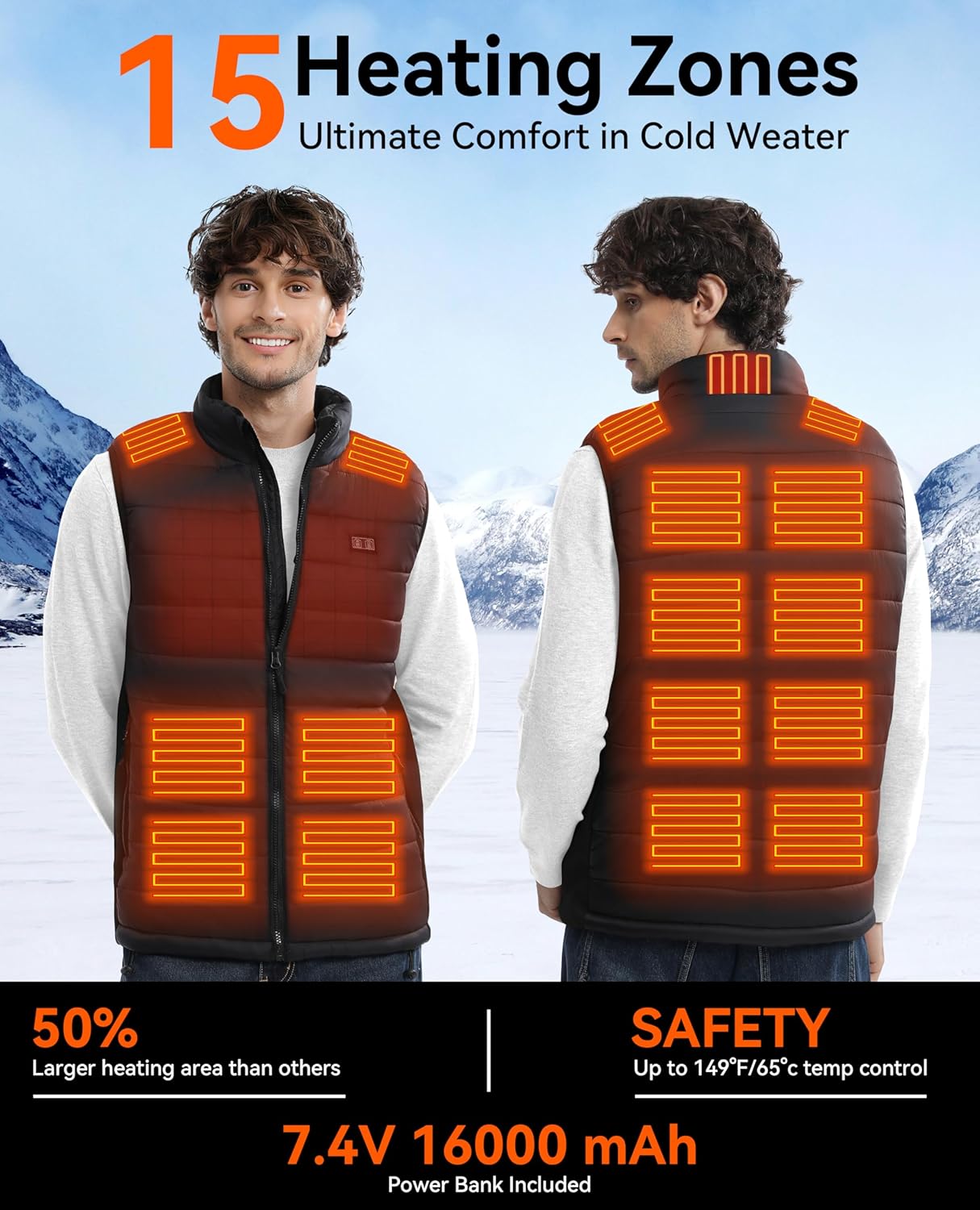 Mens Heated Vest with 16000mAh Battery Pack, 15 Heating Zones, Electric Heating Vest for Winter Outdoor Hiking Golf - Image 2