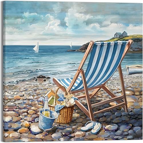 Miniatura 15 de Decoración de baño, arte de pared de playa, tema oceánico, imagen azul, impresión en lienzo, obra de arte costera moderna, enmarcada para colgar,