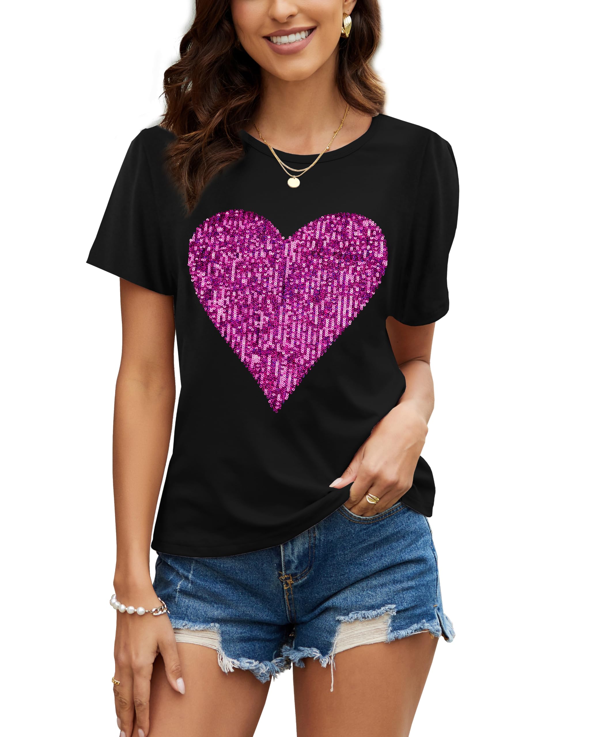 PESION Womens Short Sleeve T-Shirt Sequined Tops O-Neck Funny Graphic Tees Blouse