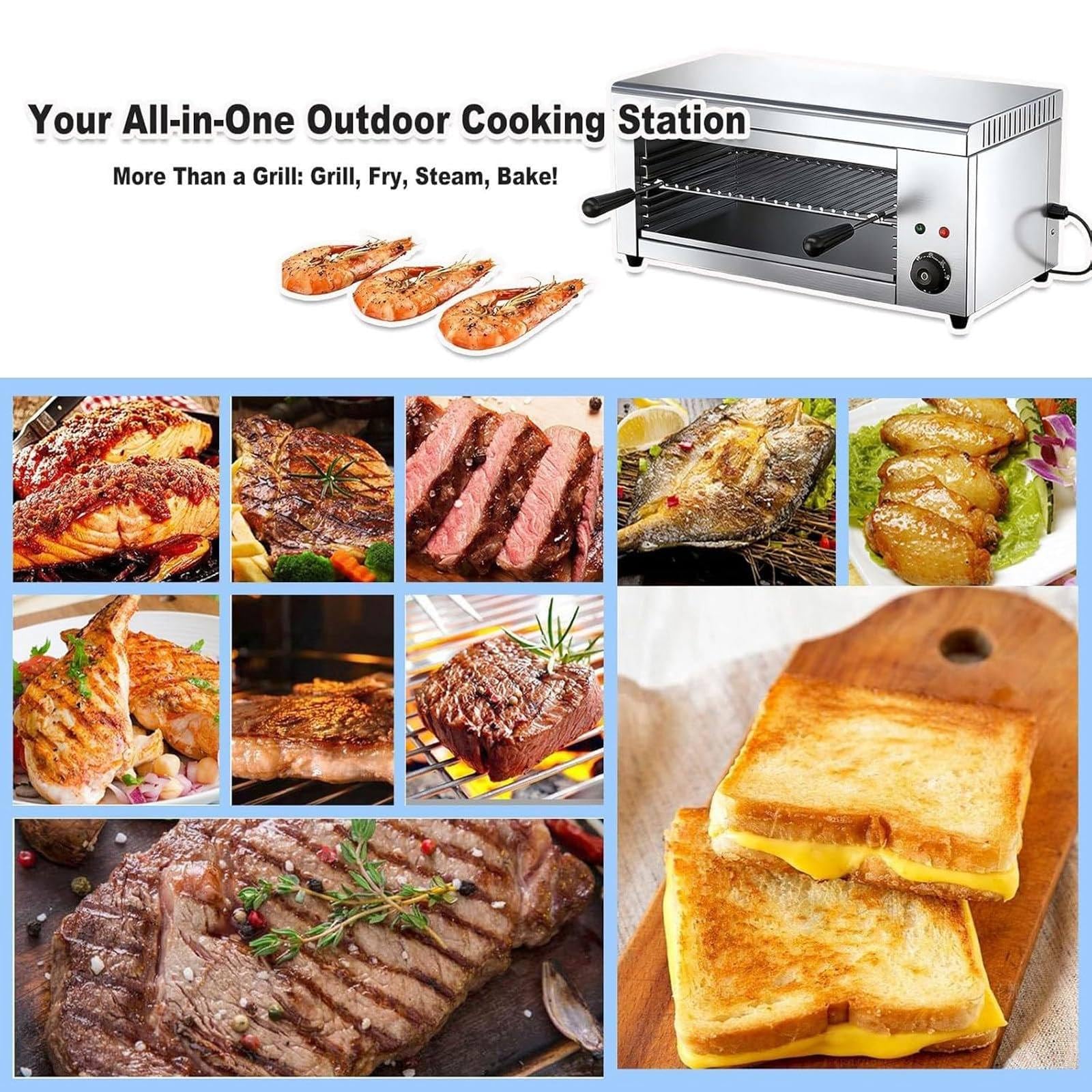 Grill Salamandra Comercial de Sobremesa, Rejilla Ajustable, Fundidor de Queso Eléctrico 2000W, Horno de Acero Inoxidable para Fundir Queso, Tostar Sándwiches, Asar Filetes - 50-300℃