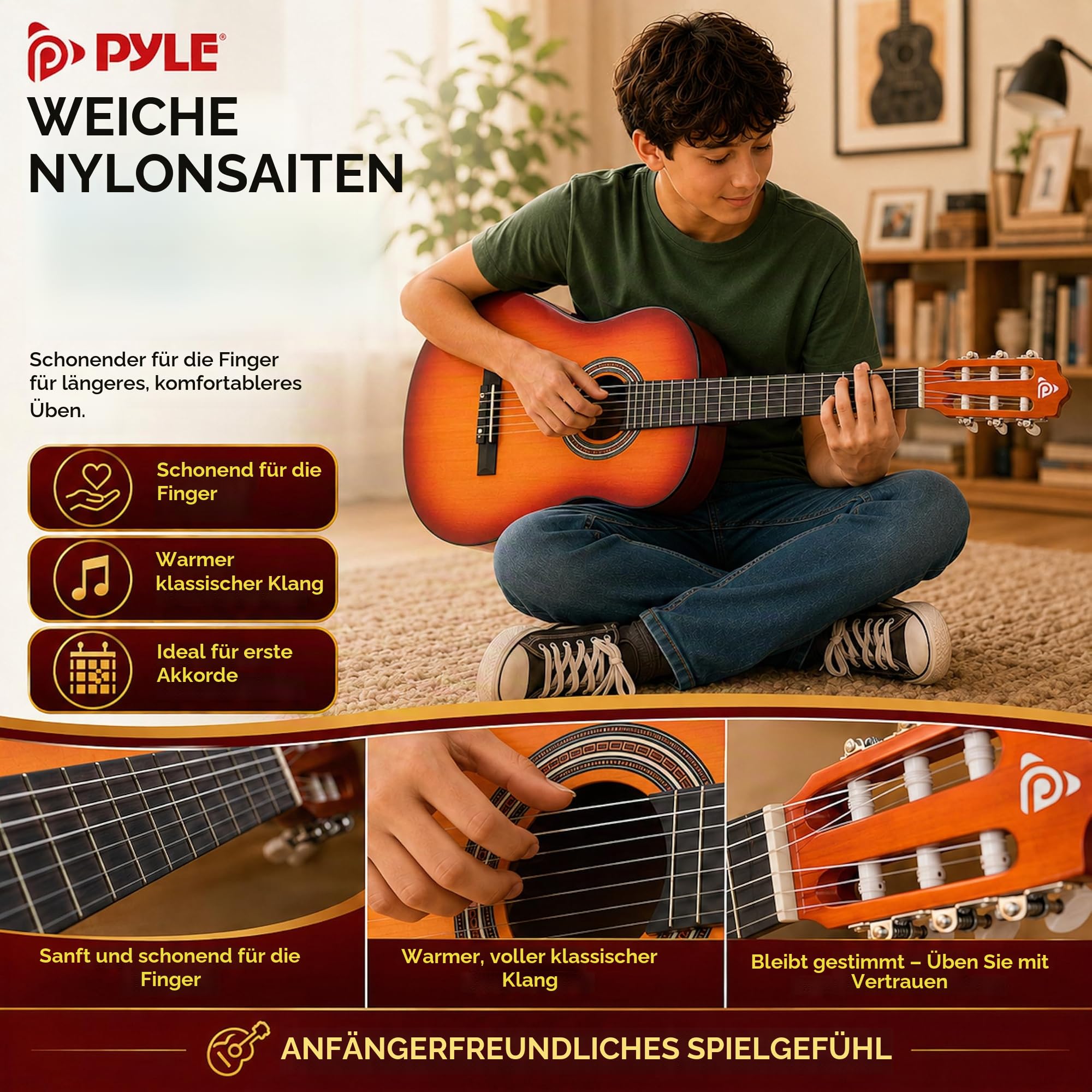 Pyle Konzertgitarre, Rechtshändig, 3/4 Größe, Rot