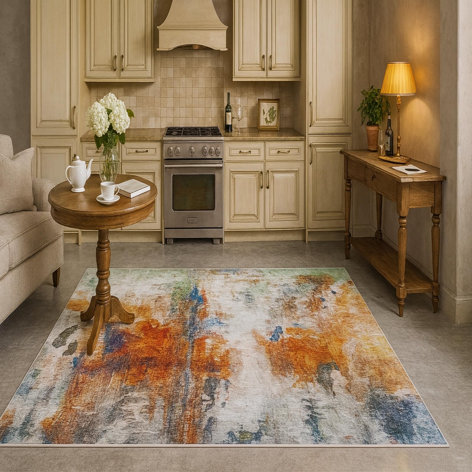 Tapis de salon moderne orange bleu 90x150 cm lavable antidérapant pour chambre