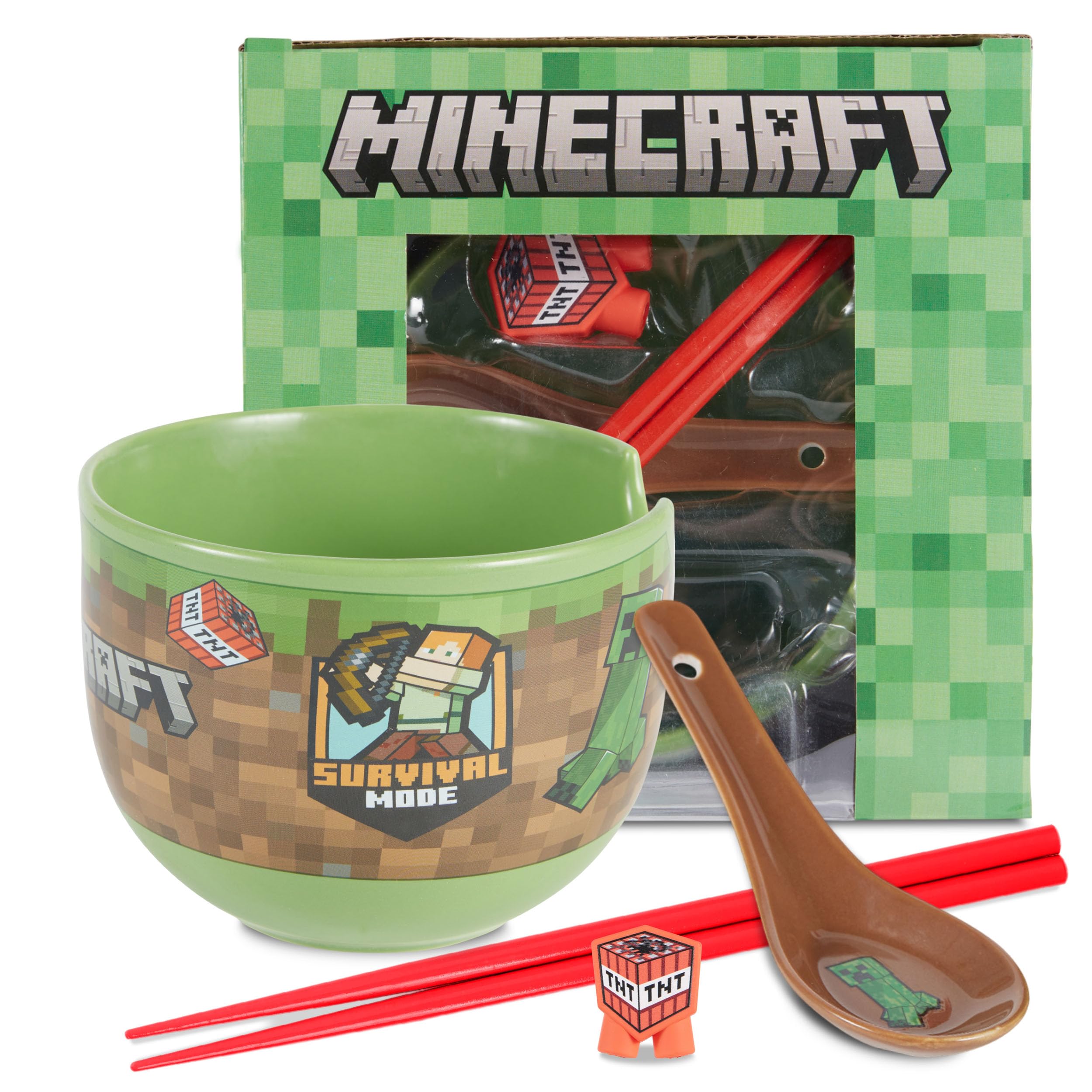 Culture Fly Minecraft Ramen Bowl Set with Chopsticks and Spoon - 20 oz Ceramic Instant Noodle Bowls with Chopsticks, Ramen Noodle and Rice Bowl, Anime Holiday Gifts for Men