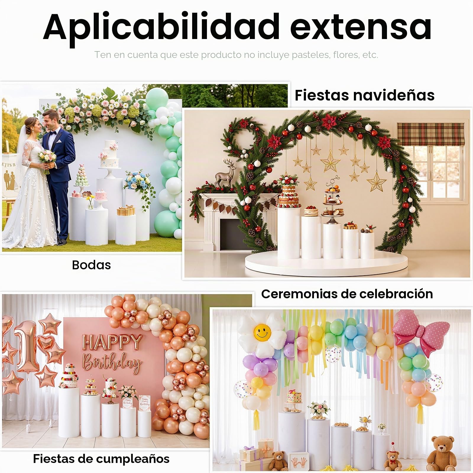 5 unidades de 50 – 90 cm, base cilíndrica blanca con capacidad de carga de 33 kg por pieza, soporte cilíndrico apilable de acrílico/PVC, base redonda para fiestas y cumpleaños, sistema de soporte