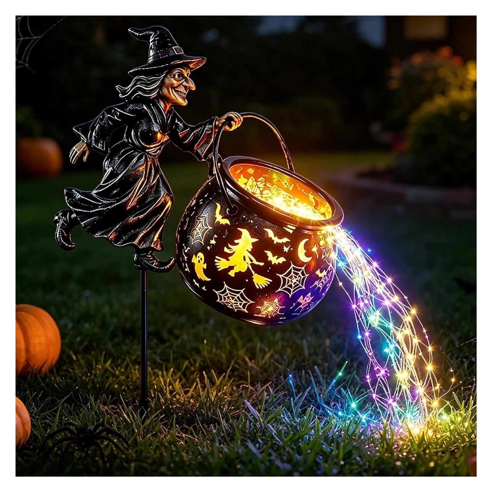 AngloCrate Halloween Witch Cauldron Garden Light, Colourful Waterfall Flowing Light Flying Witch Garden Stake, Outdoor Halloween LED Projector Decorations, LED Projector Lights For Yard, Lawn & Patio