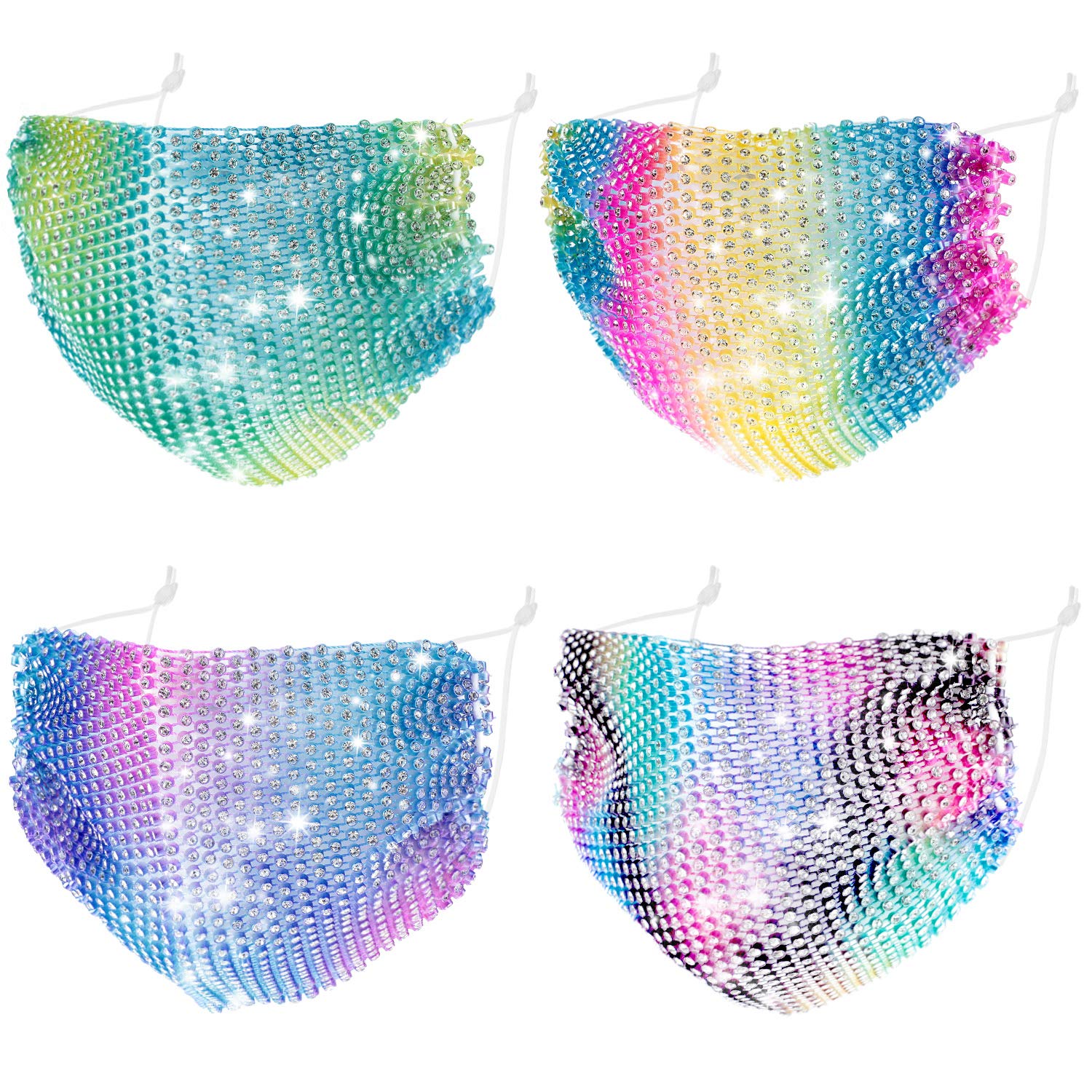 4 Pieces Rhinestone Mesh Face Cover Chain Crystal Metal Masquerade Glittery Mesh Masquerade for Women and Girls