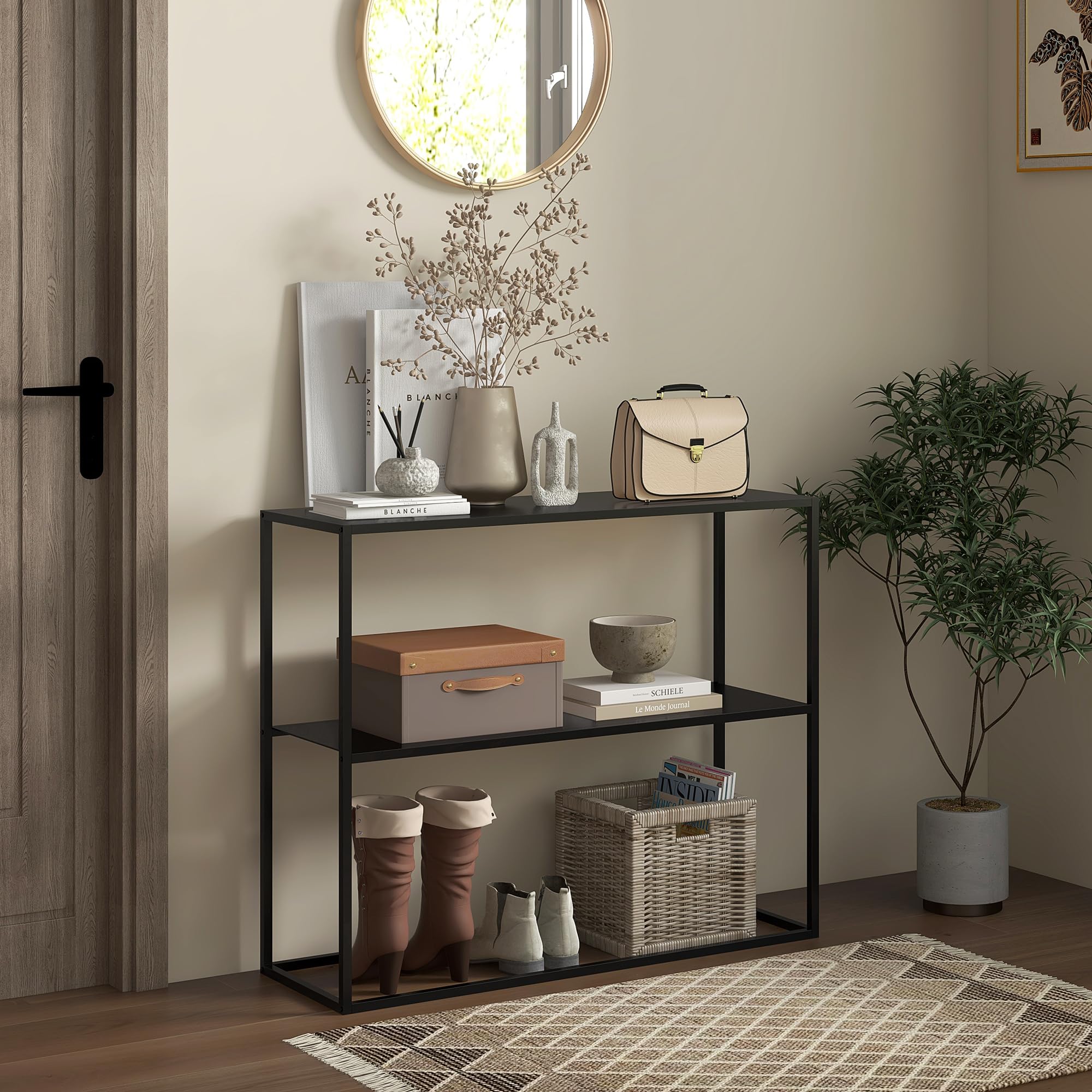 HOMCOM Mesa de Consola Estilo Industrial Mueble de Recibidor con Estante y Marco de Acero Antivuelco Carga 20 kg Mesa de Entrada para Sala de Estar Pasillo 90x30x75 cm Negro