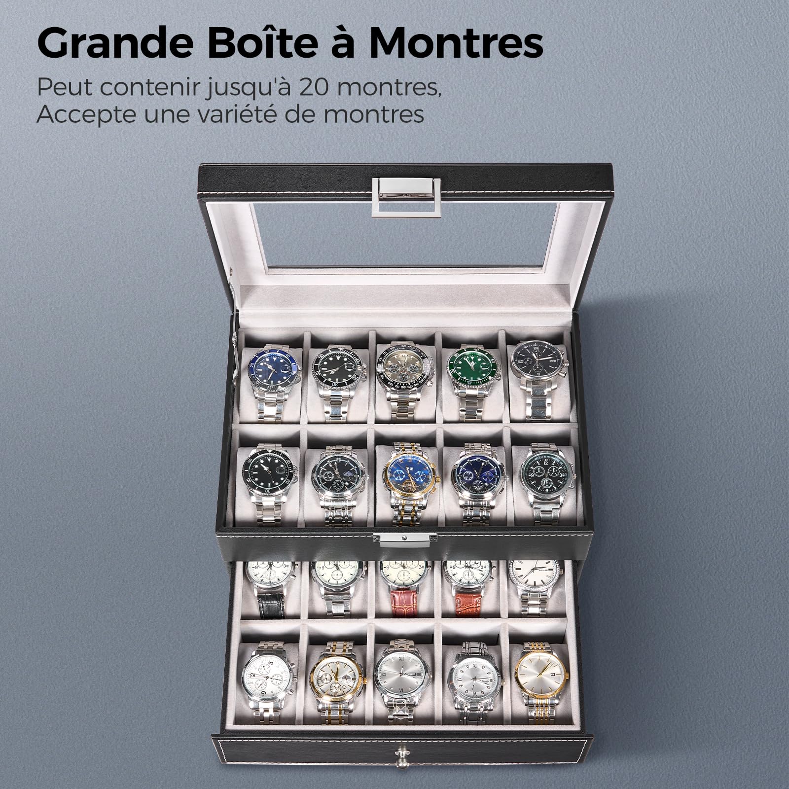 BEWISHOME Boîte de Montre 20 Compartiments, Boite Rangement Montre Homme, Charnière en Métal Noir Cuir PU Verre Haut Grand Support SSH04B
