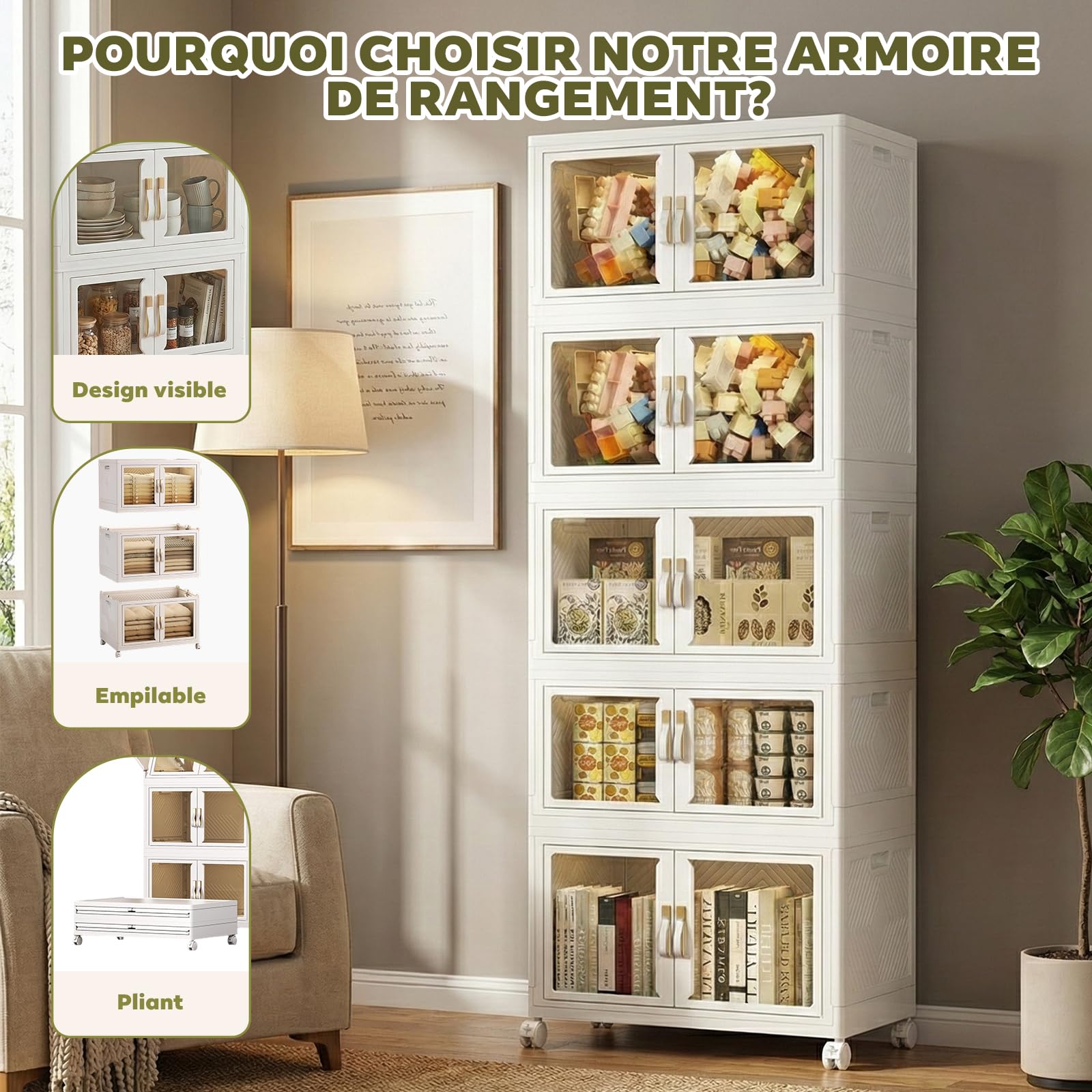 Armoire de Rangement Pliable 5 Niveaux – Grand Placard Mobile avec Portes Magnétiques, Roues Bloquantes, pour Vêtements, Atelier, Maison