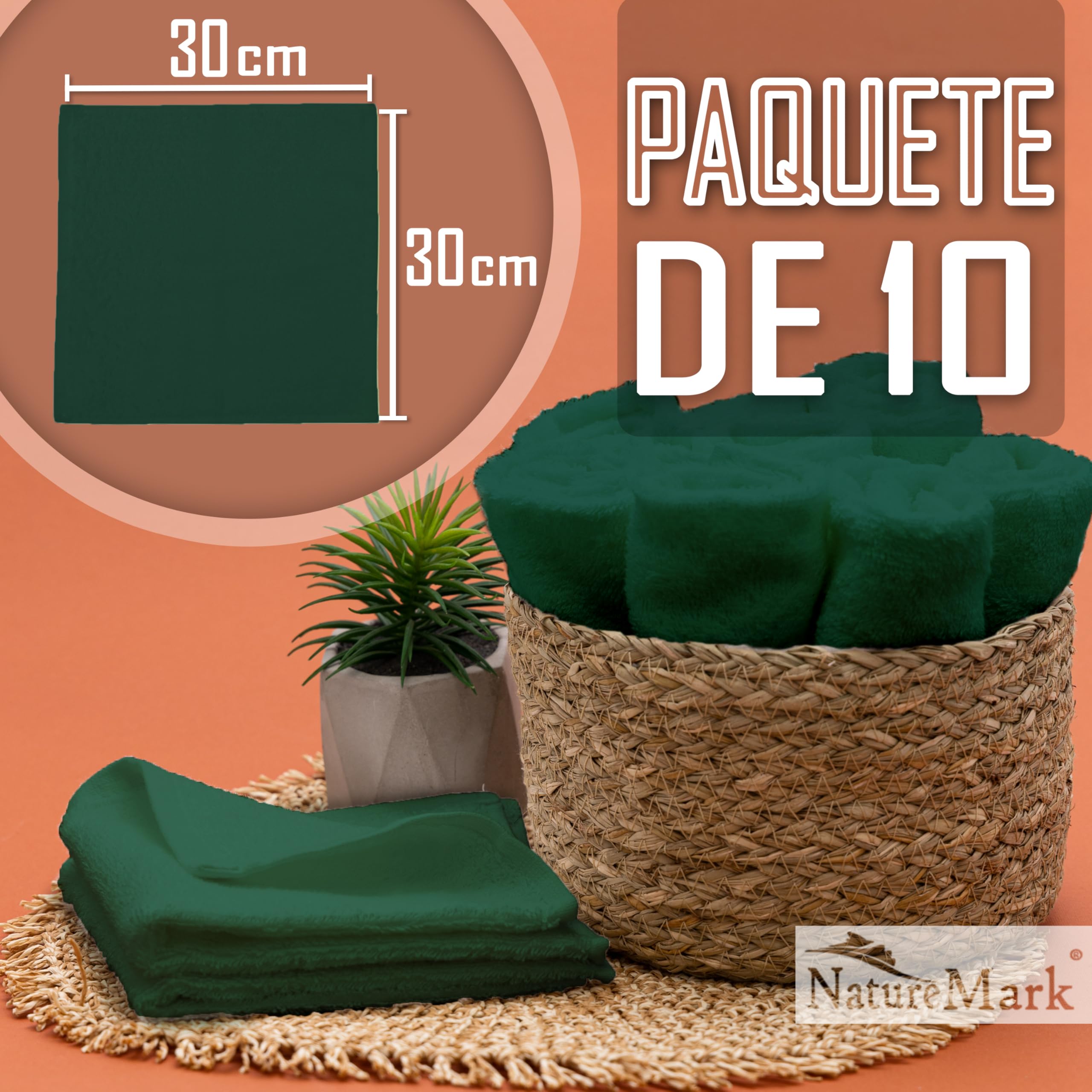 NatureMark Juego de 10 toallitas de Rizo para Cara y Manos – 100% algodón, Suaves y absorbentes – 30×30 cm, Verde Oscuro — view 2