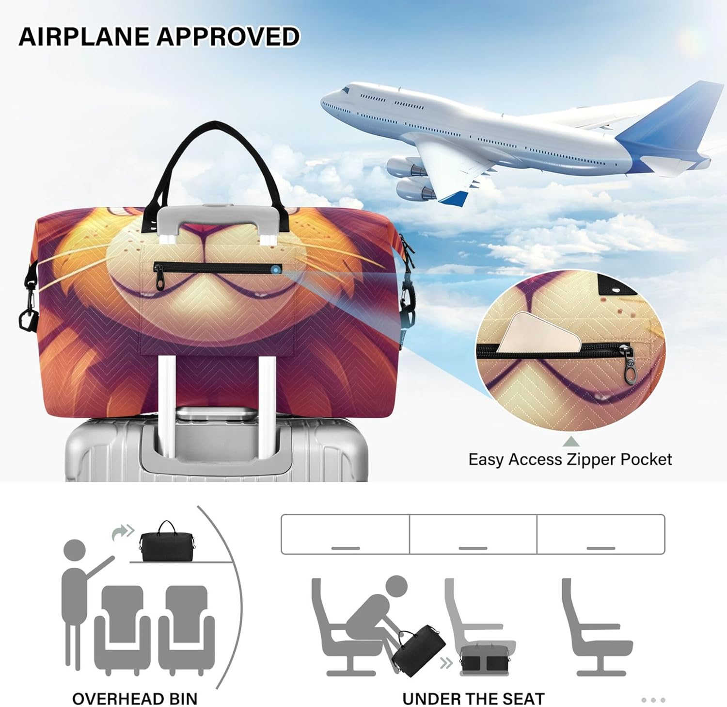 かわいいライオンブラウントラベルダッフルバッグ&amp;コスメポーチ2個セット、ファッション荷物セットトートキャリーオンウィークエン