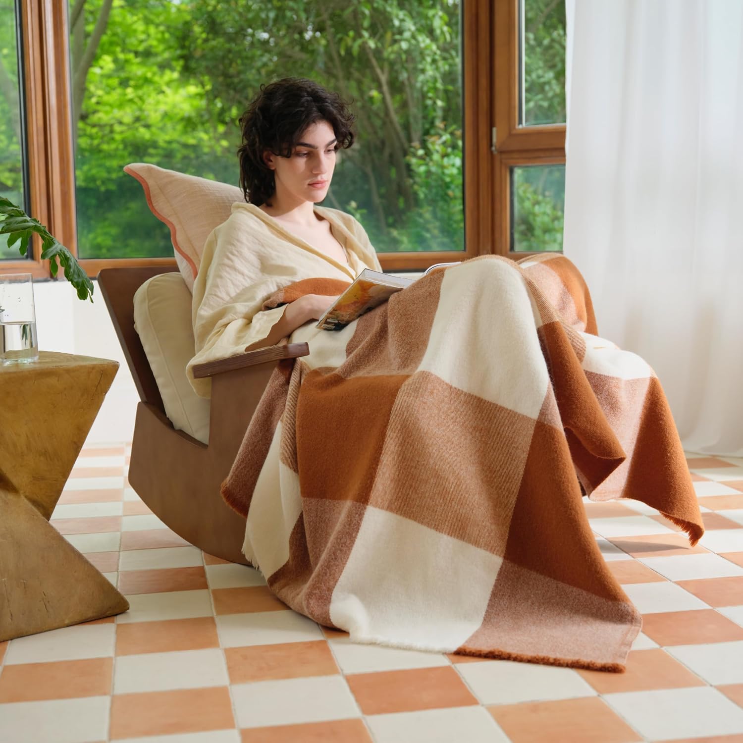 Double Stitch Alpaca Wool Throw Blanket - Warm, Soft Blanket for Couch, Luxury & Decorative Fleece Throw, Fall Plaid, Gift for Mother's Day, House Warming, 50" x 60", Harvest Brown & Cream - Image 4