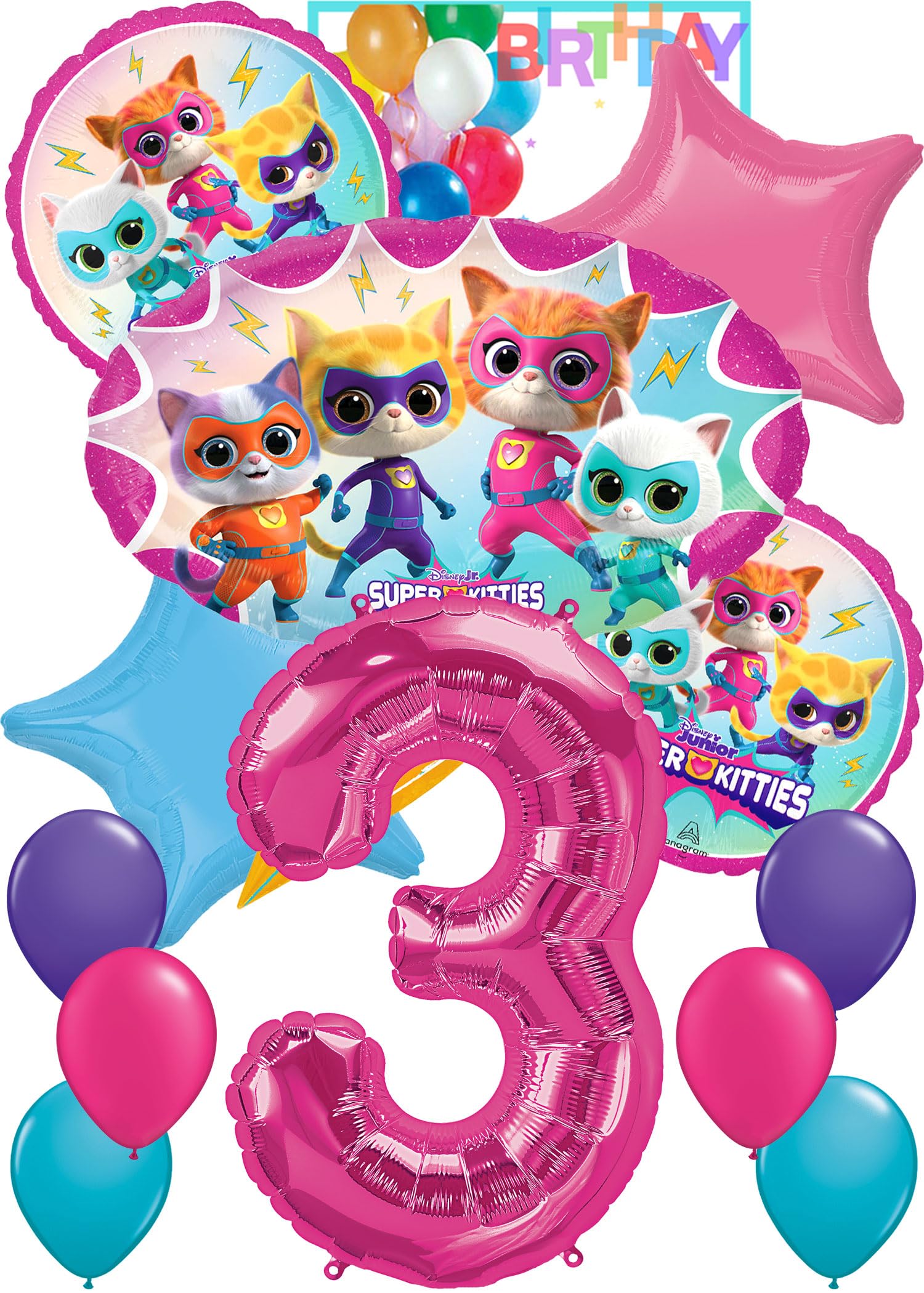 Anagram Balloons Licensed Party Supplies Intended for Disney's Super Kitties 3rd Birthday Decoration Bouquet Multicolored, Ideal for Birthdays, Themed