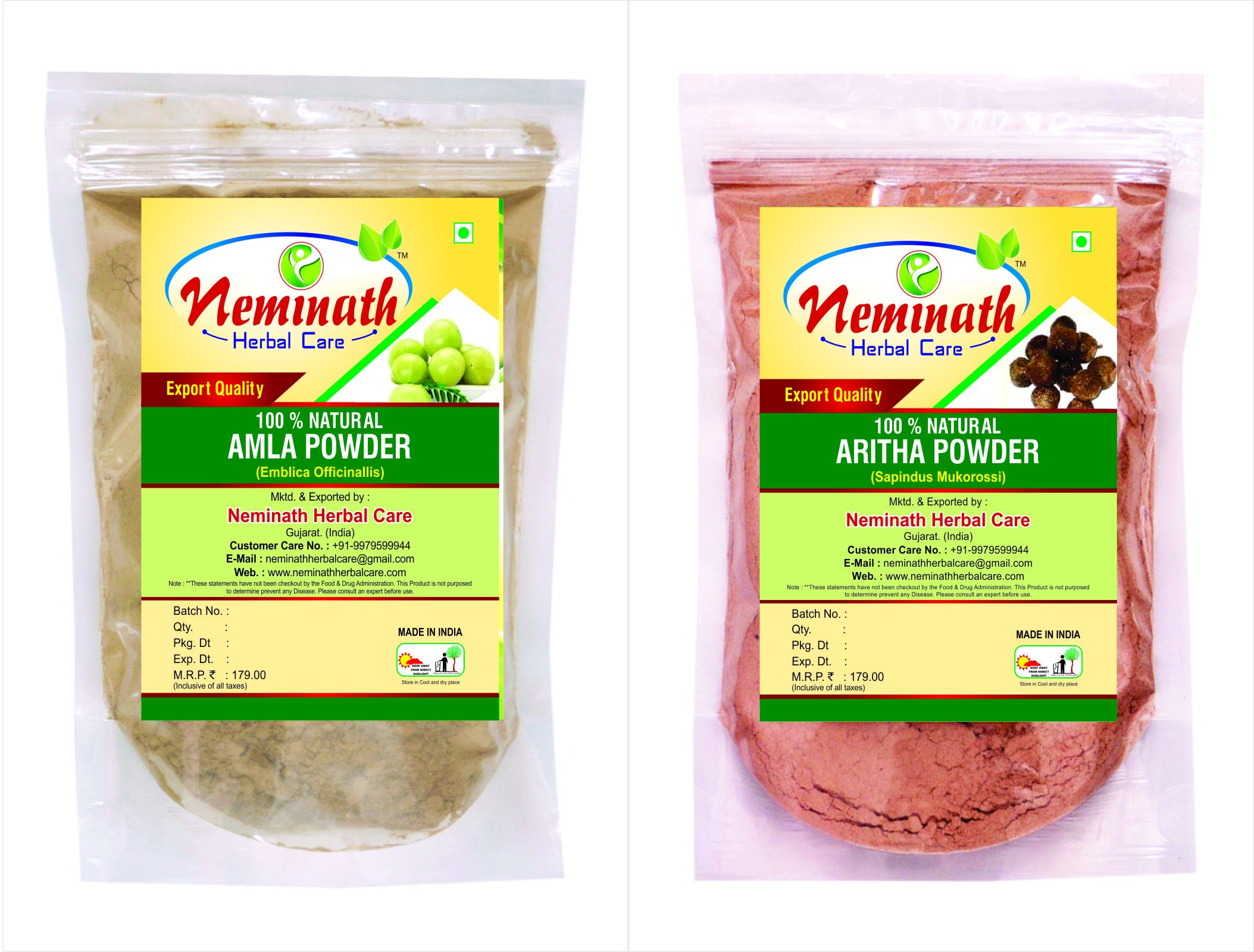 Neminath Herbal Care 100% Natural Amla Fruit (Emblica Officinalis) Aritha Nuts (Sapindus Mukorossi) Powder (Pack Of 2) (200 Grams)