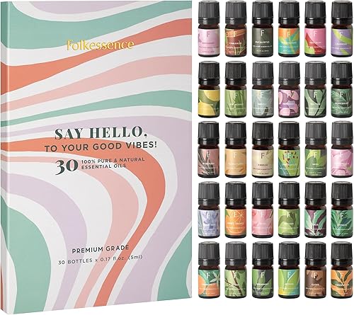 Folkulture Essential Oil Set for Diffuser for Home, Set of 30 Pure Essential Oils for Aromatherapy Diffuser Oil Scents - 100% Natural and Organic