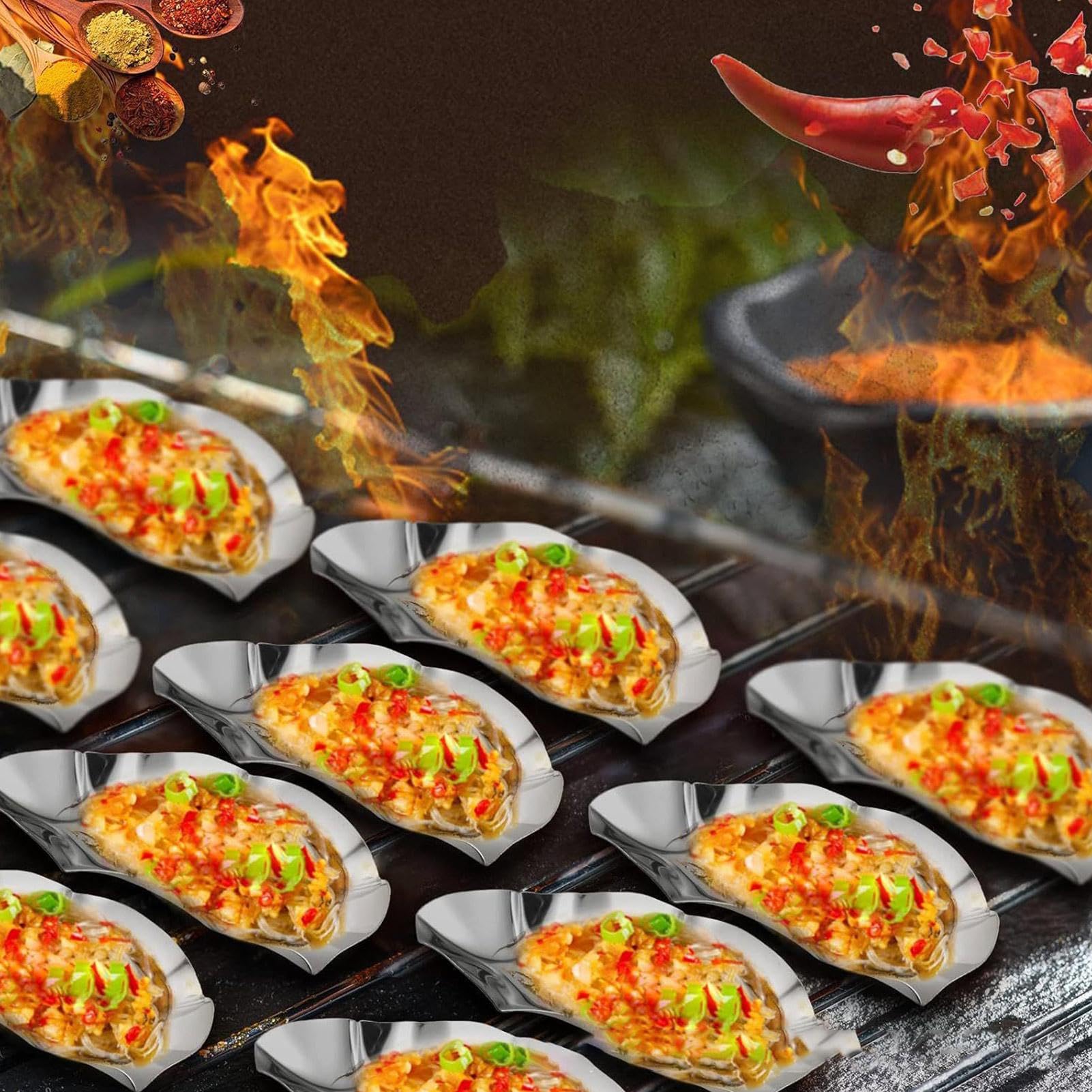 Austernschalen aus Edelstahl – Grillbare Austernschalen aus Edelstahl, Set mit 12 Auflaufformen, Serviertablett stapelbar, Machen Austern, gebackene Muscheln, Jakobsmuscheln, Meeresfrüchte Aller Art