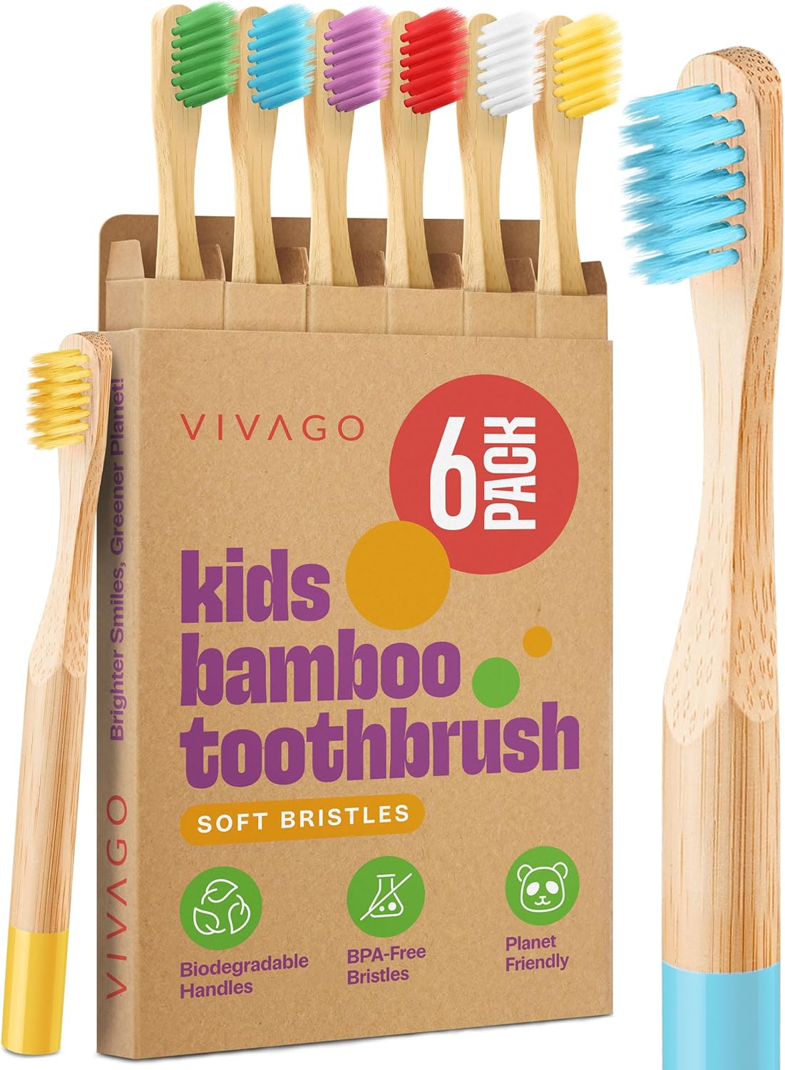 Kids Bamboo Toothbrushes 6 Pack – BPA Free Soft Bristles Toothbrushes for Kids – Children Toothbrush Set